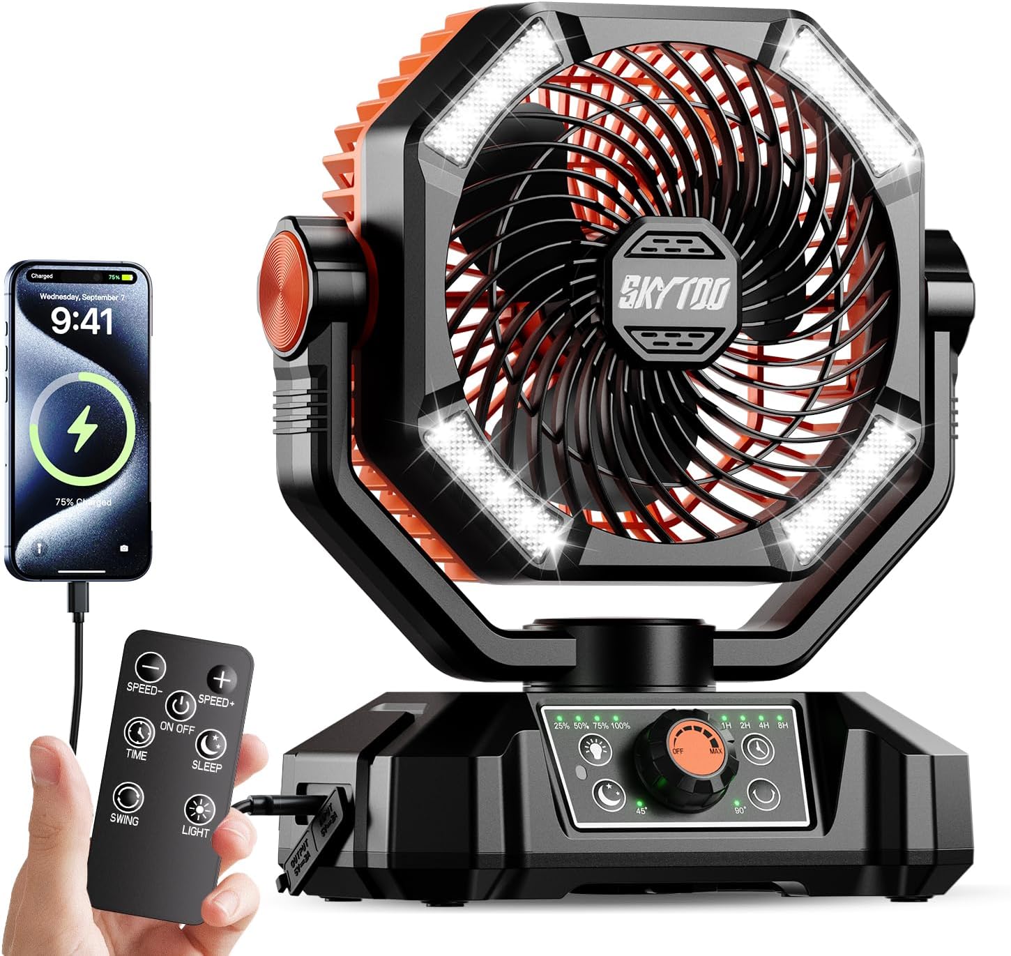 Ventilador de campamento, ventilador de batería de 20000 mAh, ventilador portátil recargable con 4 linternas LED, control remoto, gancho, 8 velocidades, ventiladores oscilantes para tienda de
