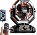 Ventilador de campamento, ventilador de batería de 20000 mAh, ventilador portátil recargable con 4 linternas LED, control remoto, gancho, 8 velocidades, ventiladores oscilantes para tienda de