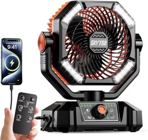 Ventilador de campamento, ventilador de batería de 20000 mAh, ventilador portátil recargable con 4 linternas LED, control remoto, gancho, 8 velocidades, ventiladores oscilantes para tienda de