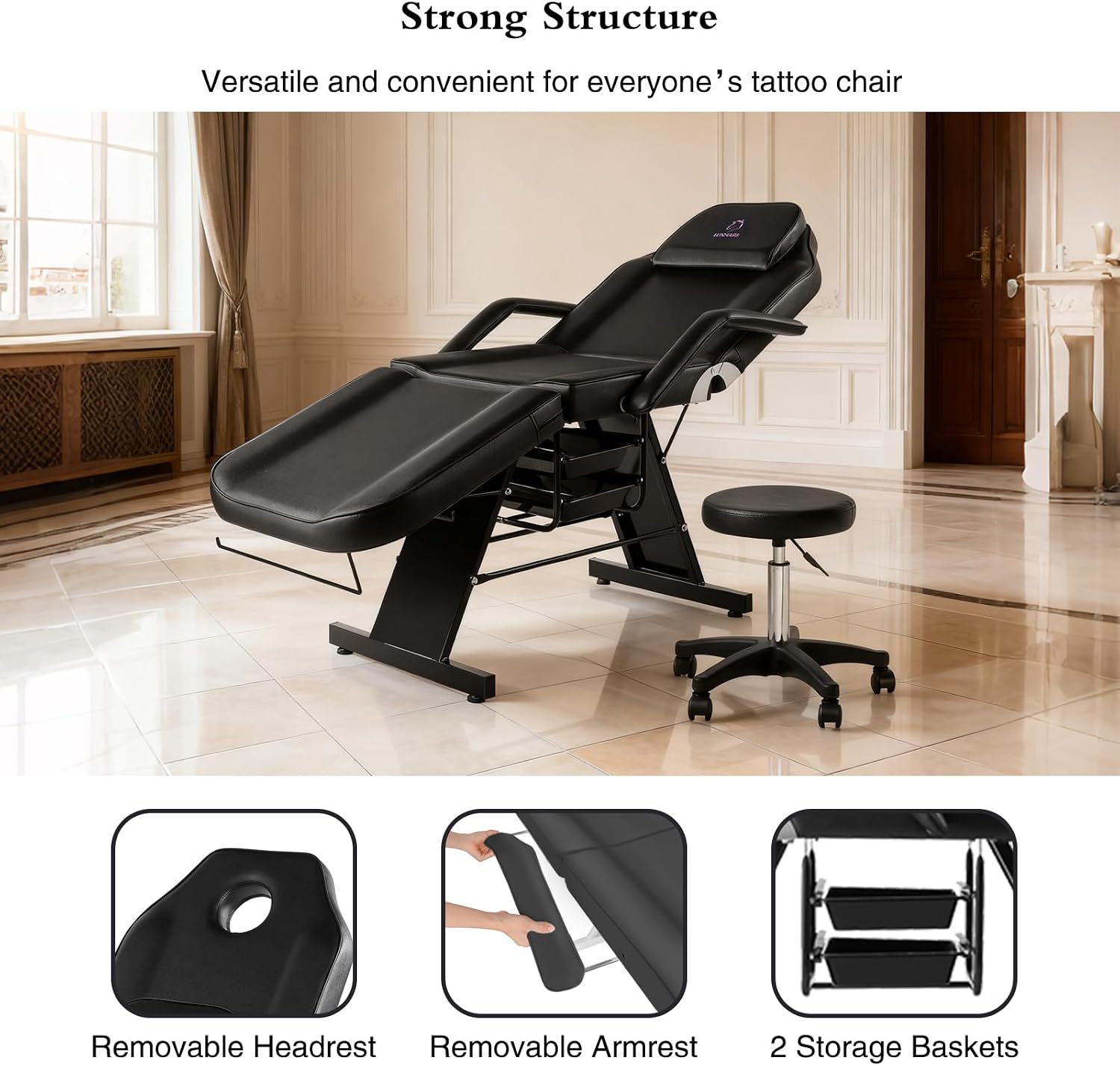 Silla de tatuaje ajustable, silla facial multiusos de 73 pulgadas, cama facial de spa con equipo de masaje, taburete para belleza, spa, tatuaje, color negro