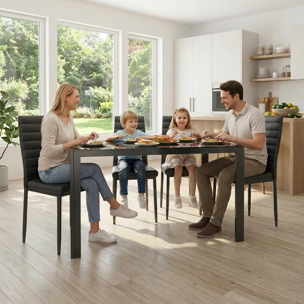 Gizoon - Juego de mesa de comedor de vidrio de 5 piezas, muebles de cocina y sillas para 4 personas, juegos de habitación modernos de cuero sintético para el hogar, cocina, sala de estar | PU Leather Modern Room Sets,Small Dining Table Sets,Space Saving T