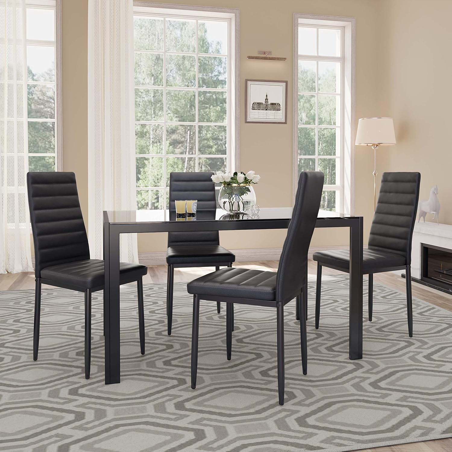Gizoon - Juego de mesa de comedor de vidrio de 5 piezas, muebles de cocina y sillas para 4 personas, juegos de habitación modernos de cuero sintético para el hogar, cocina, sala de estar | PU Leather Modern Room Sets,Small Dining Table Sets,Space Saving T