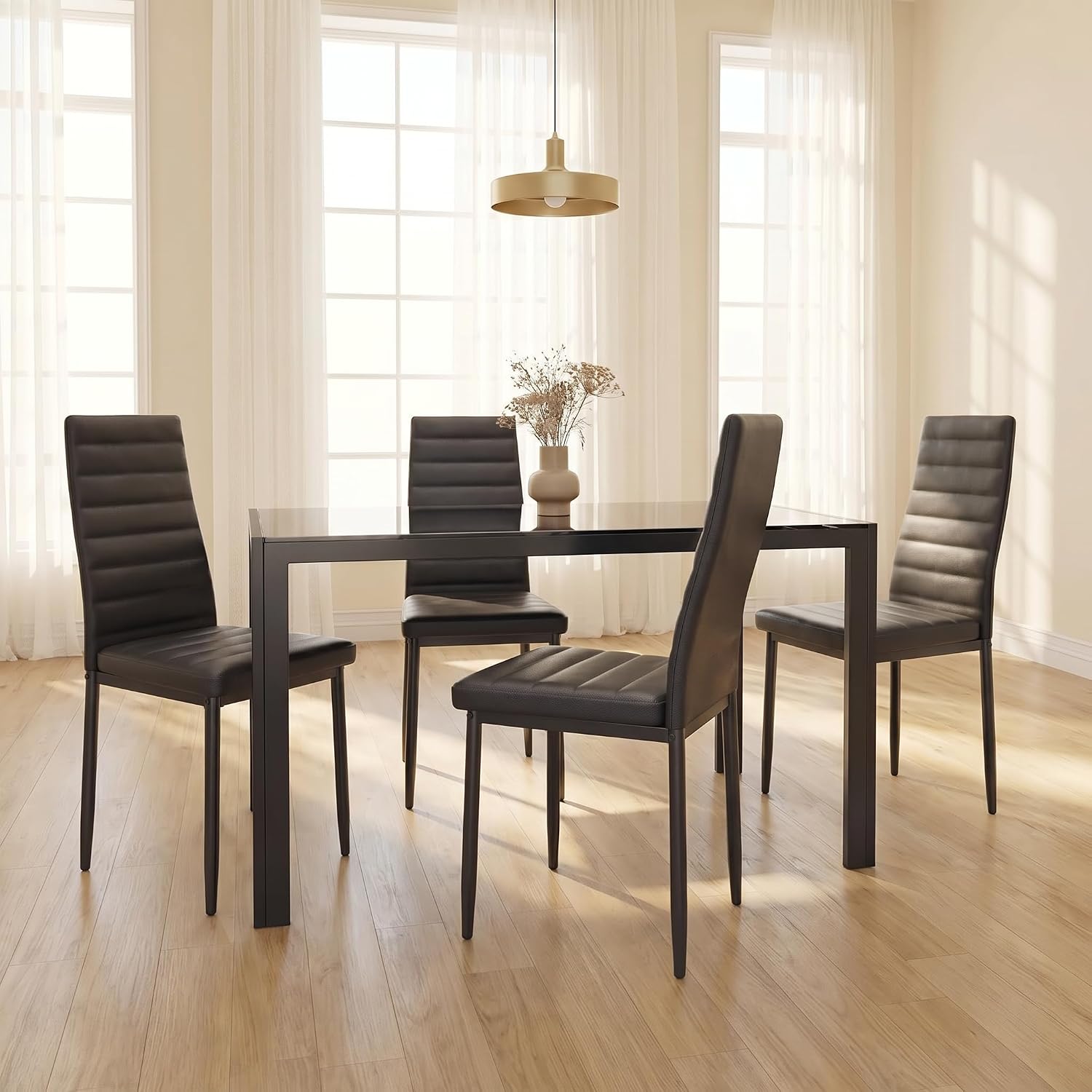 Gizoon - Juego de mesa de comedor de vidrio de 5 piezas, muebles de cocina y sillas para 4 personas, juegos de habitación modernos de cuero sintético para el hogar, cocina, sala de estar | PU Leather Modern Room Sets,Small Dining Table Sets,Space Saving T