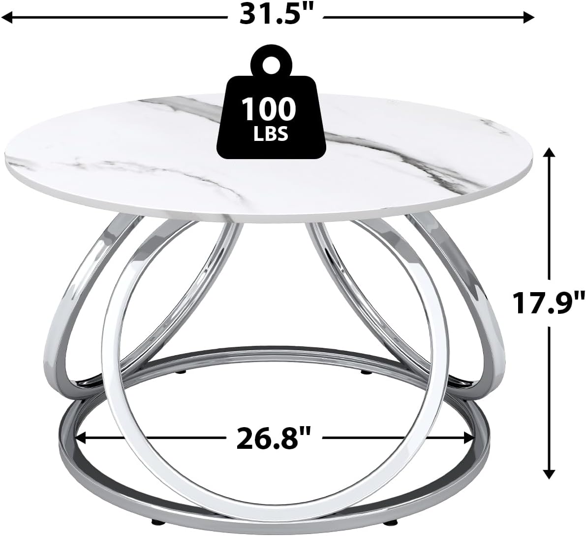O&K FURNITURE Mesa auxiliar plateada, mesa de centro redonda con venas de mármol sintético, mesa central moderna con acabado cromado, para sala de estar, oficina en casa, 1 unidad