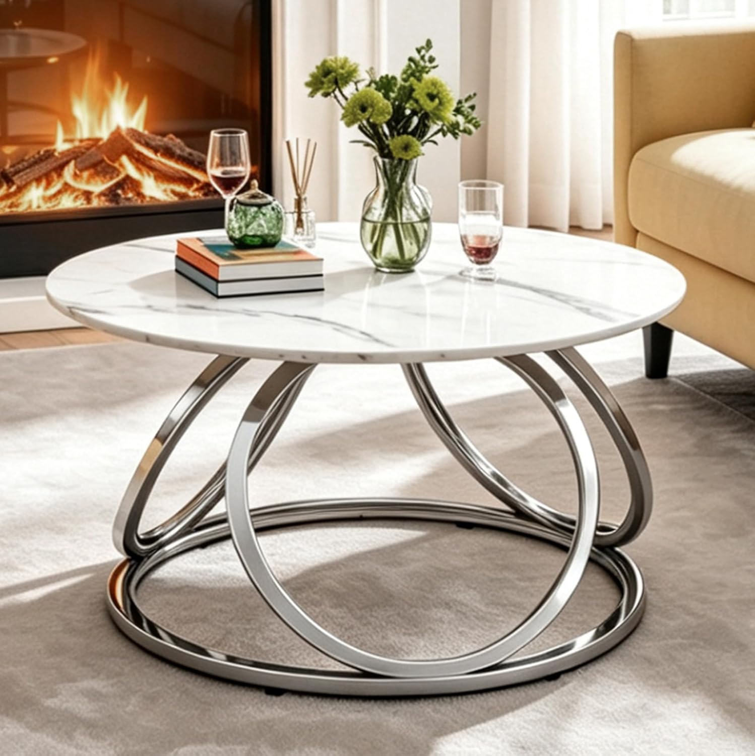 O&K FURNITURE Mesa auxiliar plateada, mesa de centro redonda con venas de mármol sintético, mesa central moderna con acabado cromado, para sala de estar, oficina en casa, 1 unidad