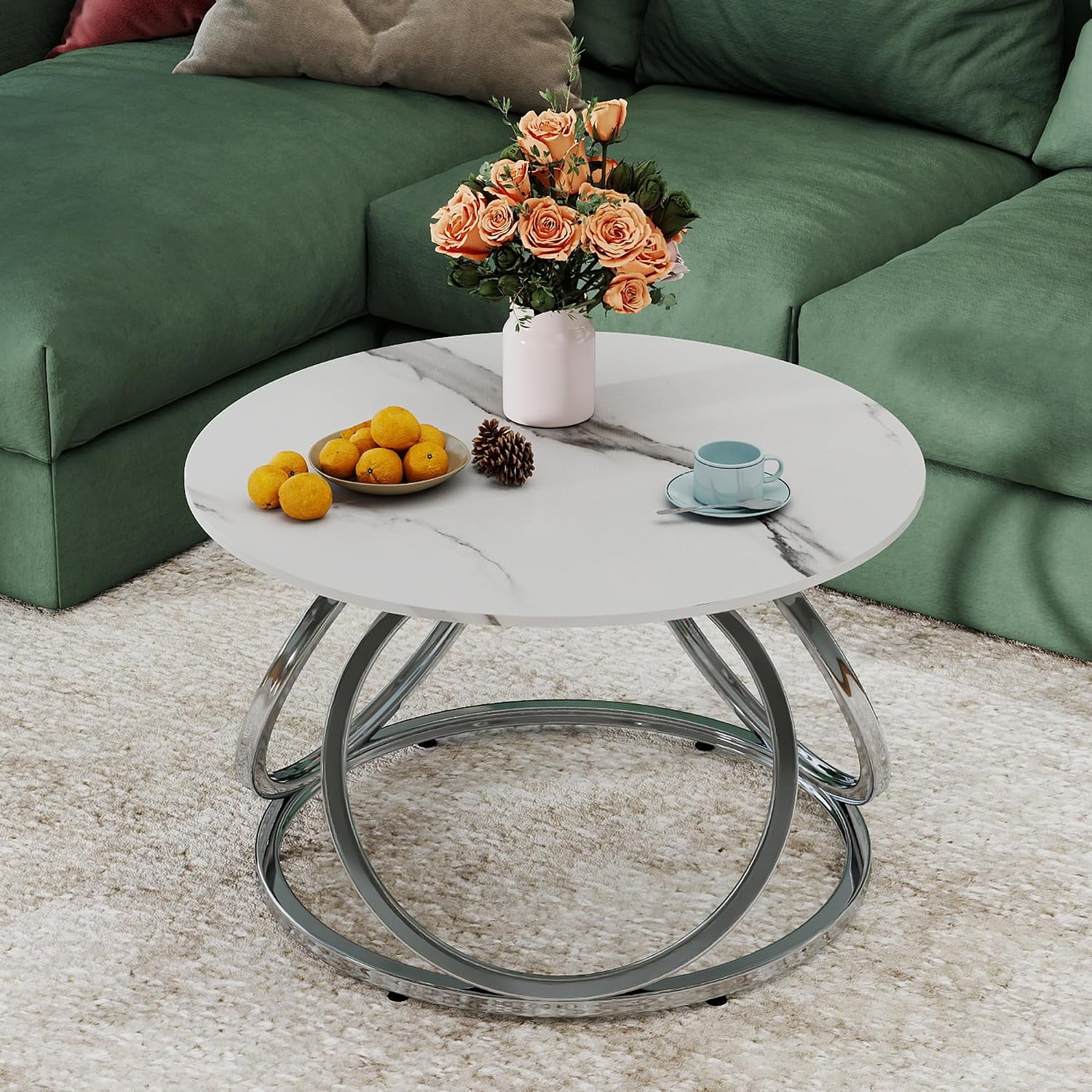O&K FURNITURE Mesa auxiliar plateada, mesa de centro redonda con venas de mármol sintético, mesa central moderna con acabado cromado, para sala de estar, oficina en casa, 1 unidad