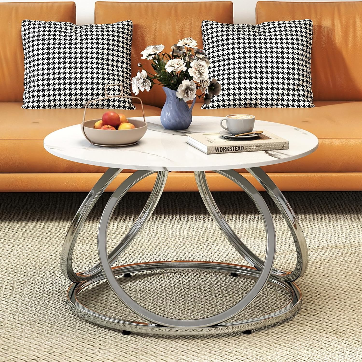 O&K FURNITURE Mesa auxiliar plateada, mesa de centro redonda con venas de mármol sintético, mesa central moderna con acabado cromado, para sala de estar, oficina en casa, 1 unidad