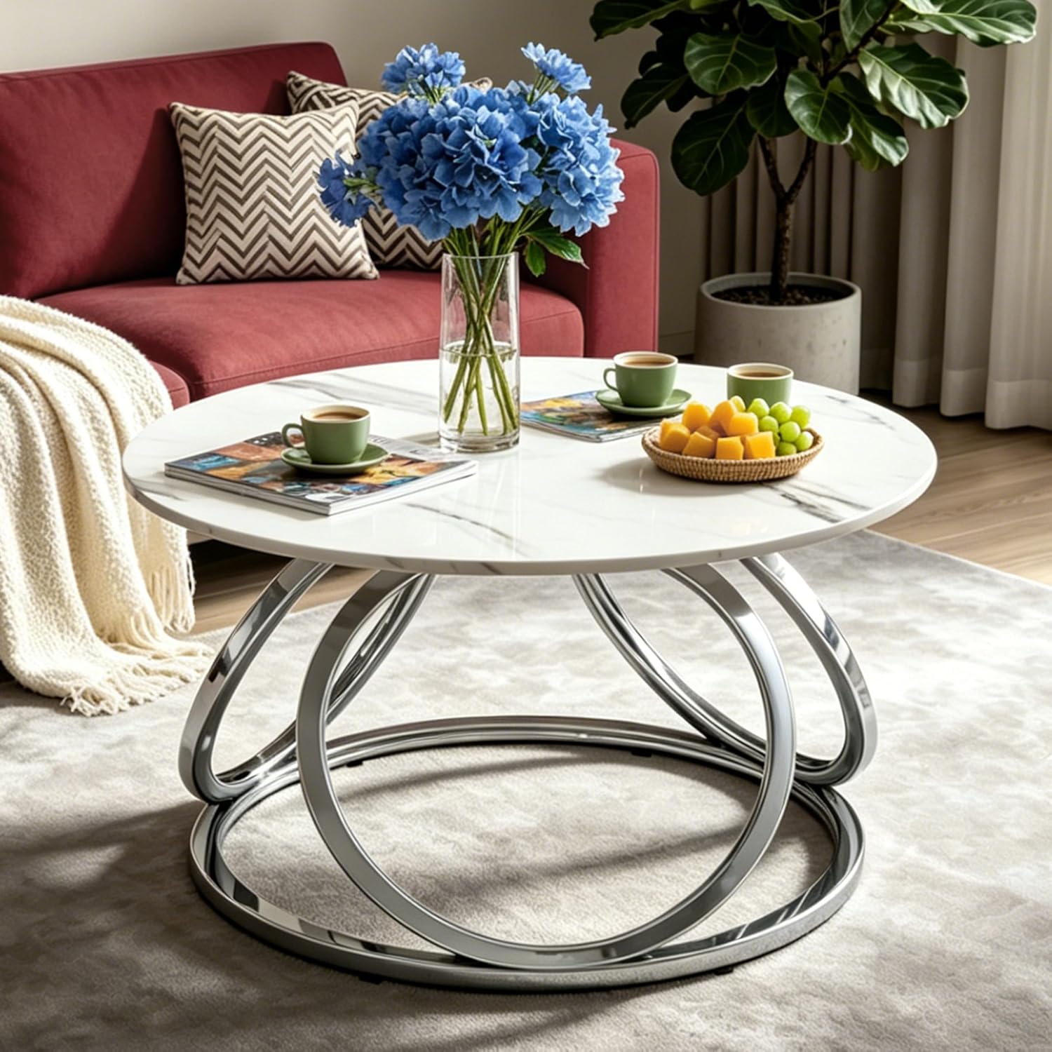 O&K FURNITURE Mesa auxiliar plateada, mesa de centro redonda con venas de mármol sintético, mesa central moderna con acabado cromado, para sala de estar, oficina en casa, 1 unidad