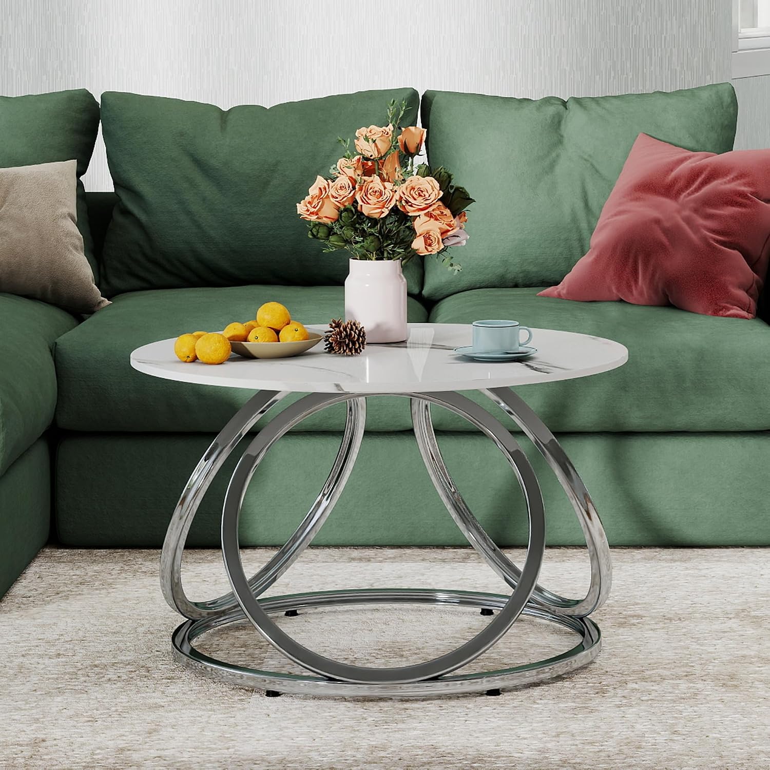 O&K FURNITURE Mesa auxiliar plateada, mesa de centro redonda con venas de mármol sintético, mesa central moderna con acabado cromado, para sala de estar, oficina en casa, 1 unidad