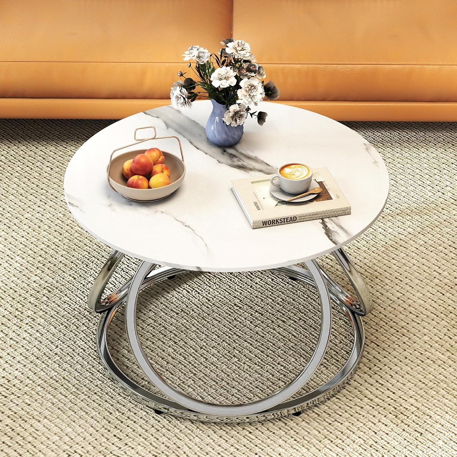 O&K FURNITURE Mesa auxiliar plateada, mesa de centro redonda con venas de mármol sintético, mesa central moderna con acabado cromado, para sala de estar, oficina en casa, 1 unidad