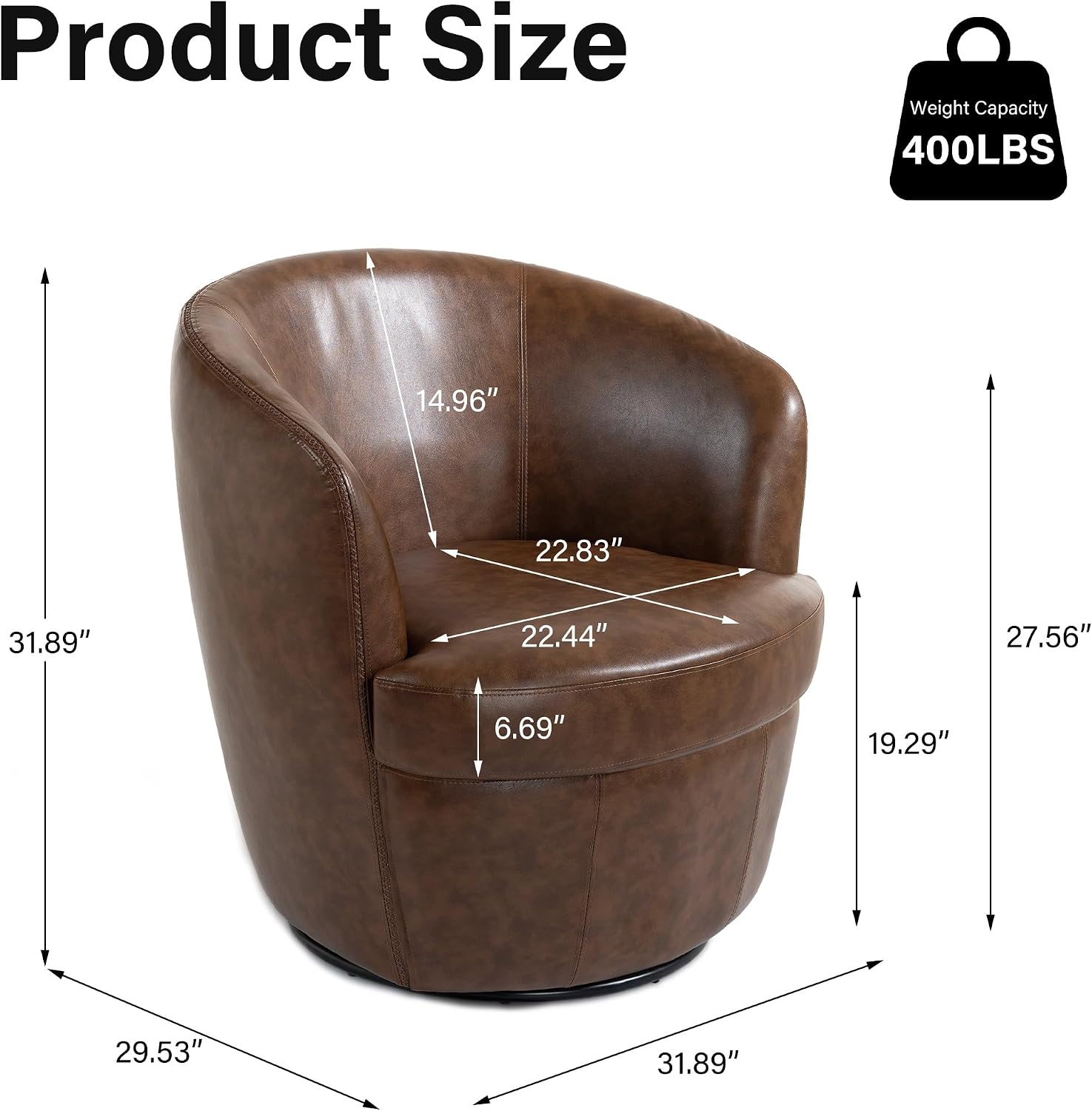 Silla giratoria de gran tamaño, cómodo sillón de lectura, café, juego de 2 | Mid-Century Modern Round PU Leather Club Accent Chairs for Adults, Solid Wood Frame & Metal Base, For Living Room, Bedroom