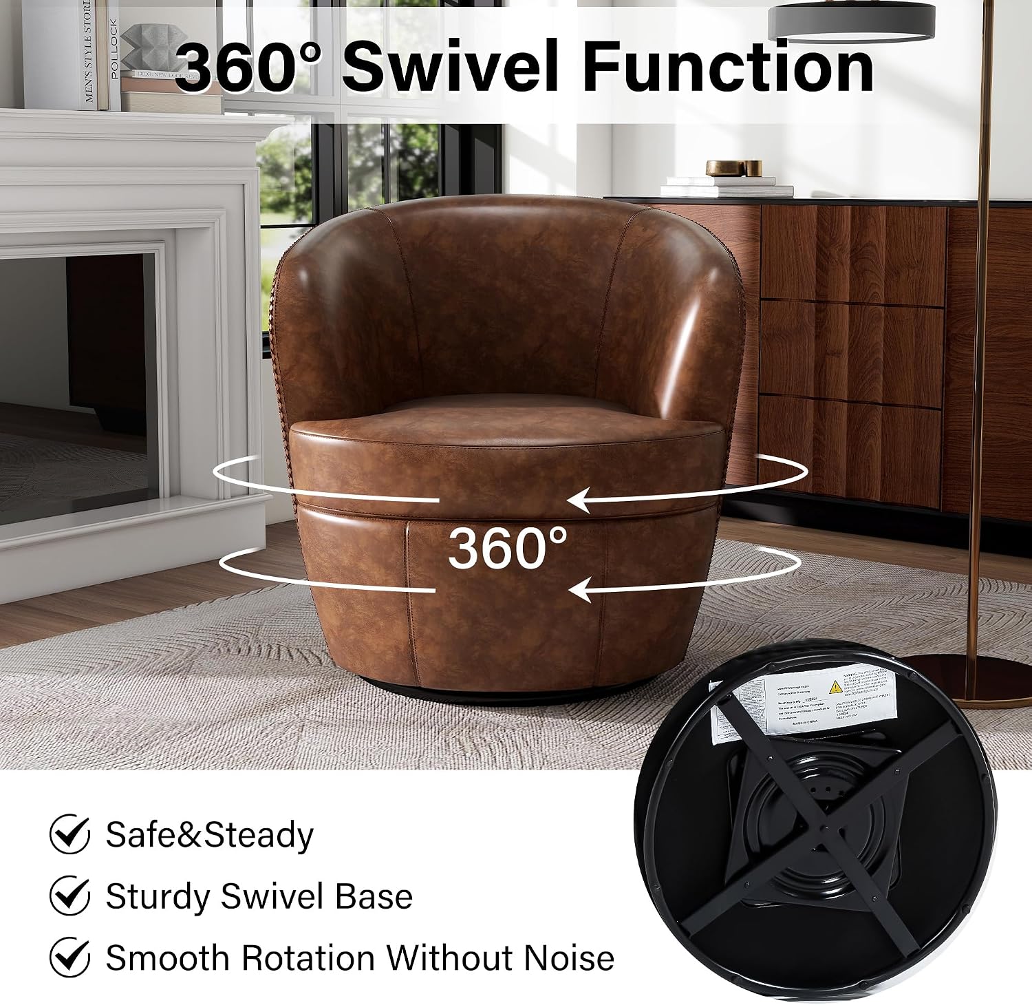 Silla giratoria de gran tamaño, cómodo sillón de lectura, café, juego de 2 | Mid-Century Modern Round PU Leather Club Accent Chairs for Adults, Solid Wood Frame & Metal Base, For Living Room, Bedroom