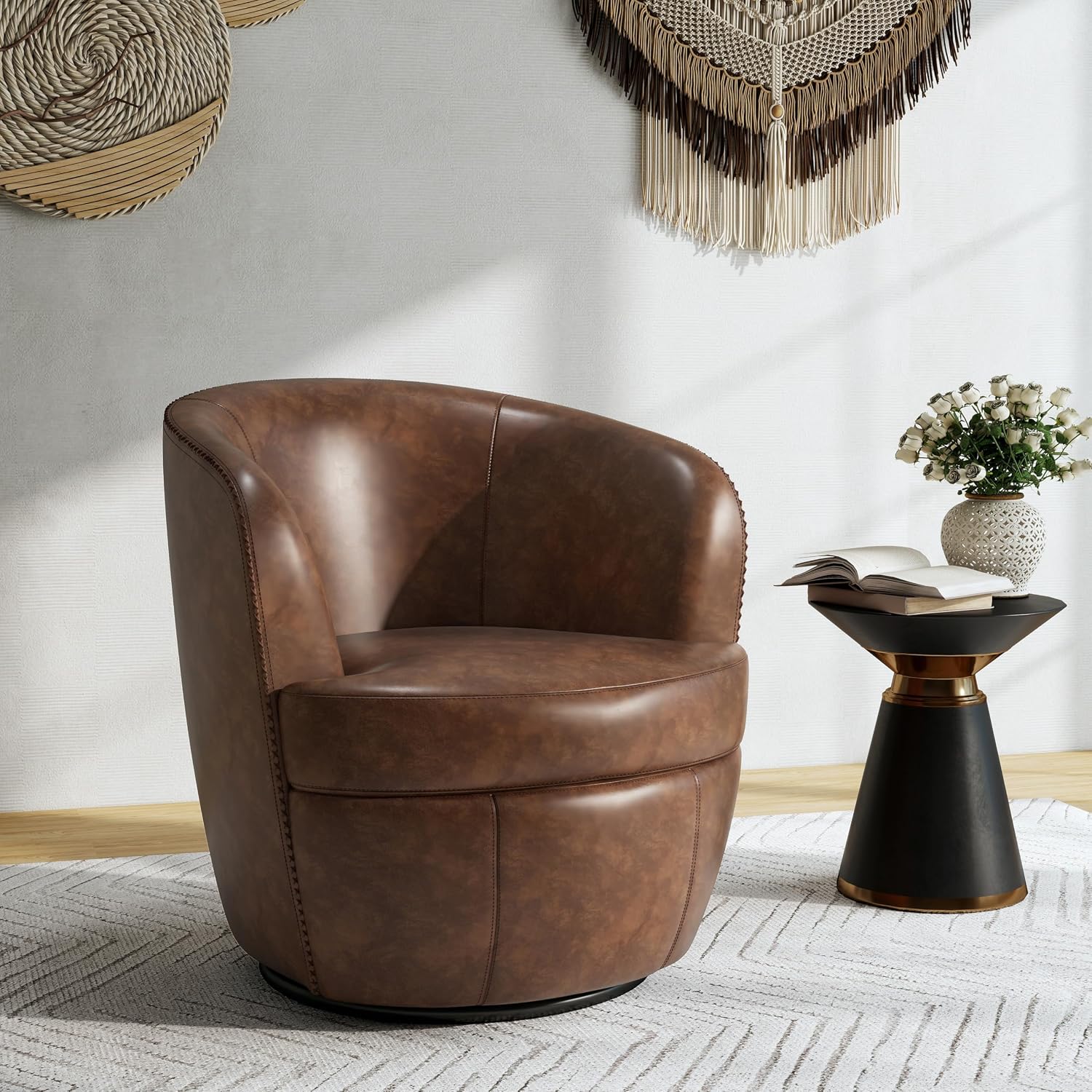Silla giratoria de gran tamaño, cómodo sillón de lectura, café, juego de 2 | Mid-Century Modern Round PU Leather Club Accent Chairs for Adults, Solid Wood Frame & Metal Base, For Living Room, Bedroom