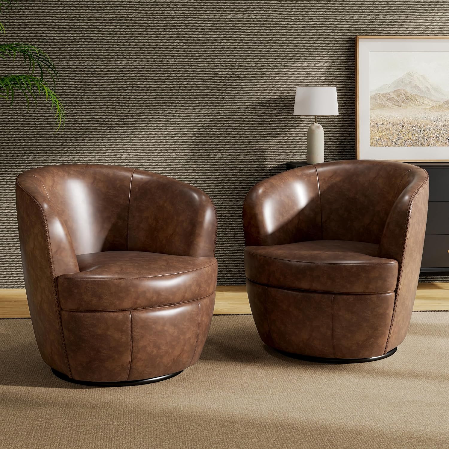 Silla giratoria de gran tamaño, cómodo sillón de lectura, café, juego de 2 | Mid-Century Modern Round PU Leather Club Accent Chairs for Adults, Solid Wood Frame & Metal Base, For Living Room, Bedroom