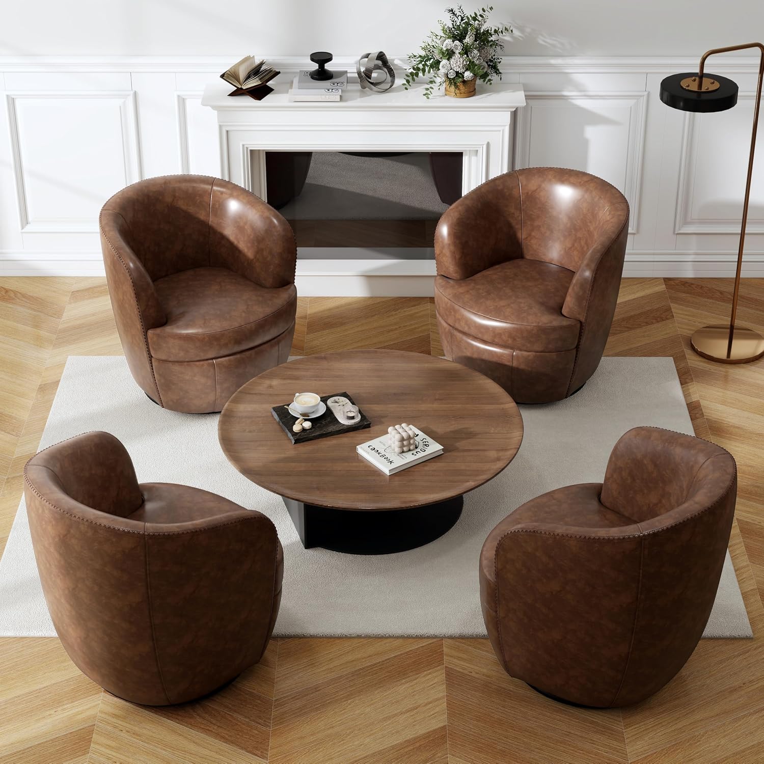 Silla giratoria de gran tamaño, cómodo sillón de lectura, café, juego de 2 | Mid-Century Modern Round PU Leather Club Accent Chairs for Adults, Solid Wood Frame & Metal Base, For Living Room, Bedroom