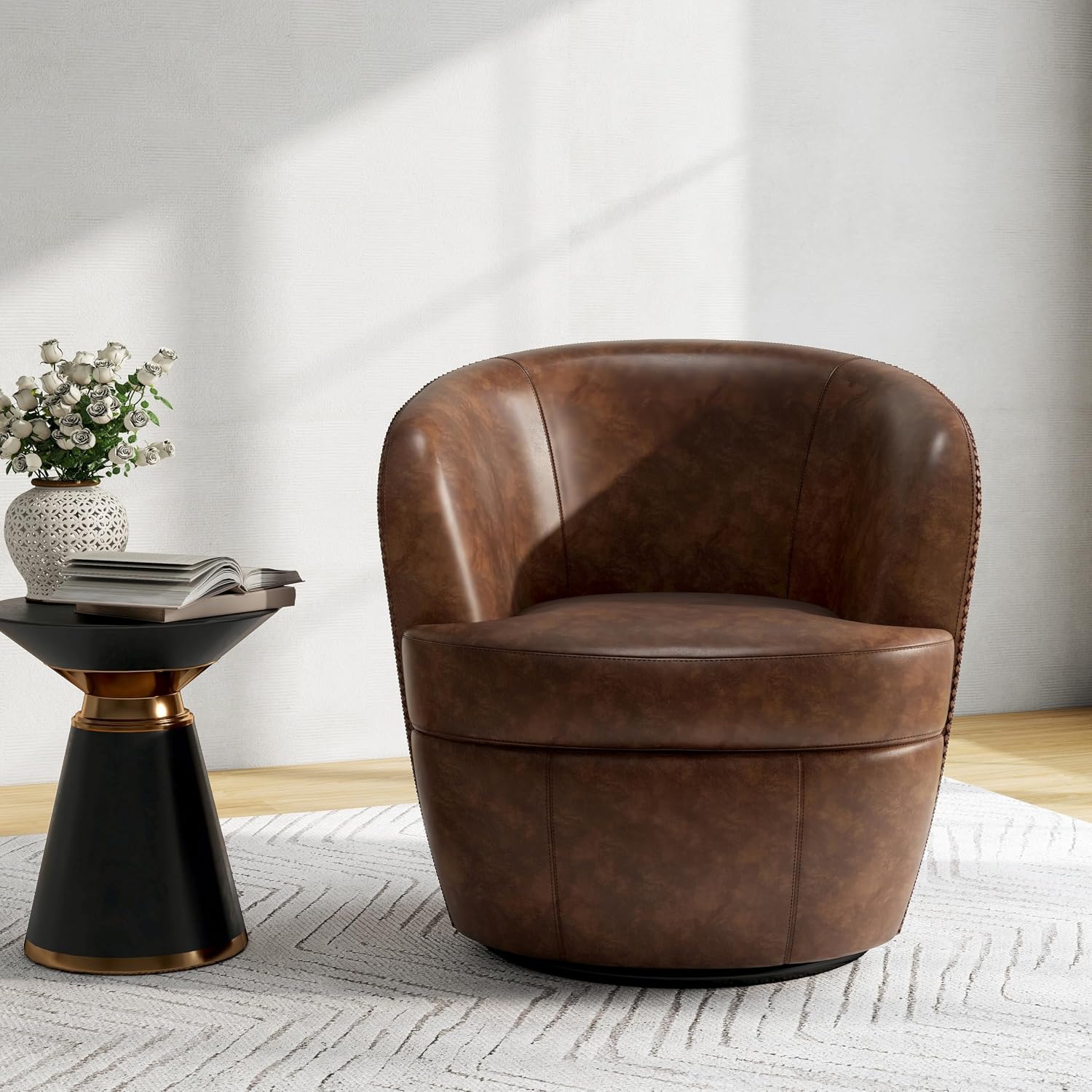 Silla giratoria de gran tamaño, cómodo sillón de lectura, café, juego de 2 | Mid-Century Modern Round PU Leather Club Accent Chairs for Adults, Solid Wood Frame & Metal Base, For Living Room, Bedroom