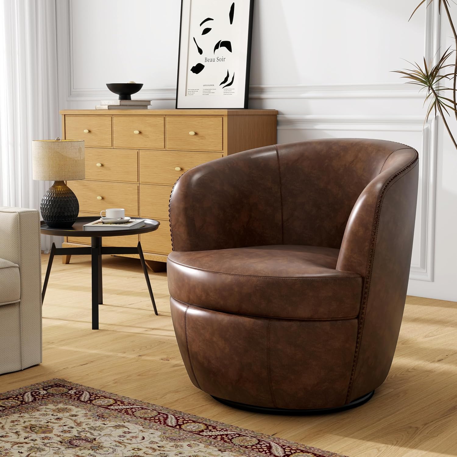 Silla giratoria de gran tamaño, cómodo sillón de lectura, café, juego de 2 | Mid-Century Modern Round PU Leather Club Accent Chairs for Adults, Solid Wood Frame & Metal Base, For Living Room, Bedroom