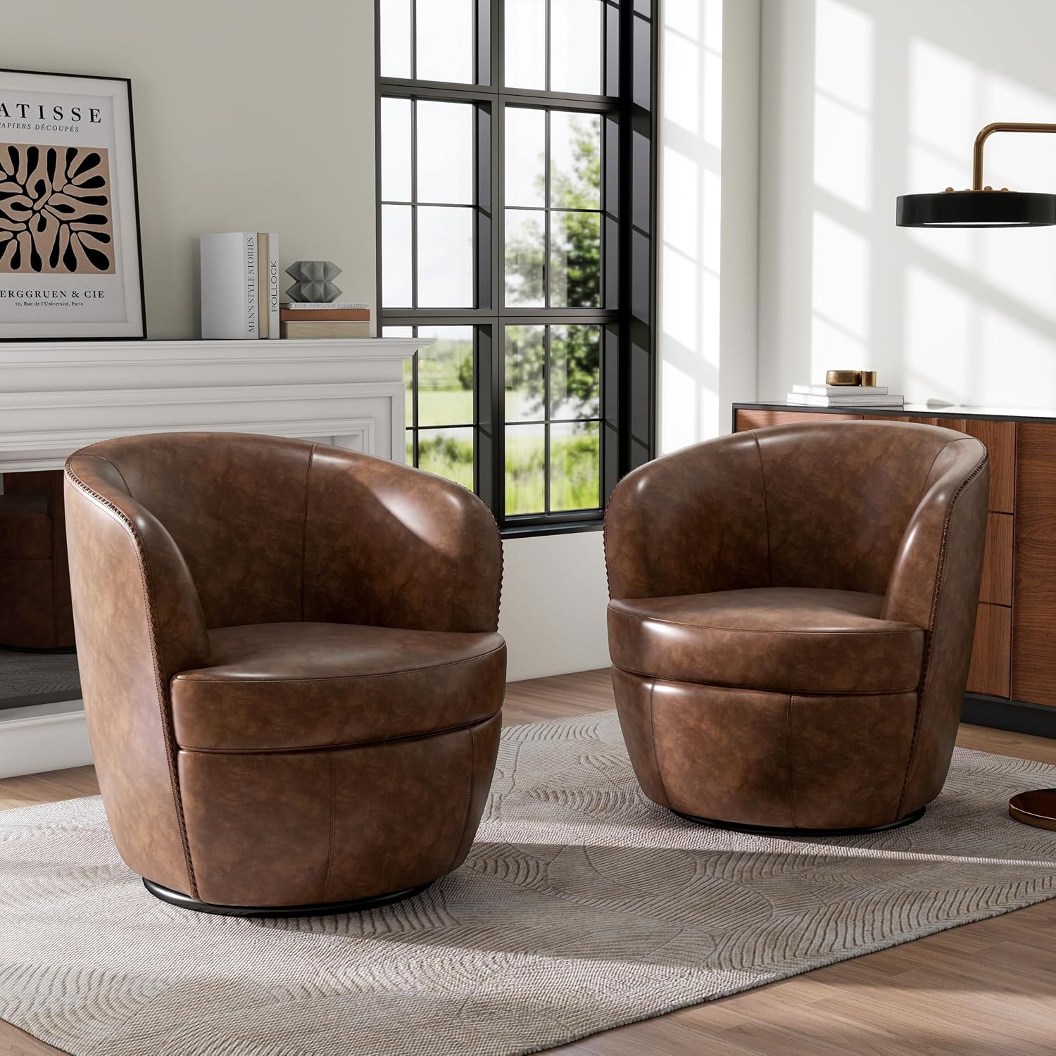 Silla giratoria de gran tamaño, cómodo sillón de lectura, café, juego de 2 | Mid-Century Modern Round PU Leather Club Accent Chairs for Adults, Solid Wood Frame & Metal Base, For Living Room, Bedroom