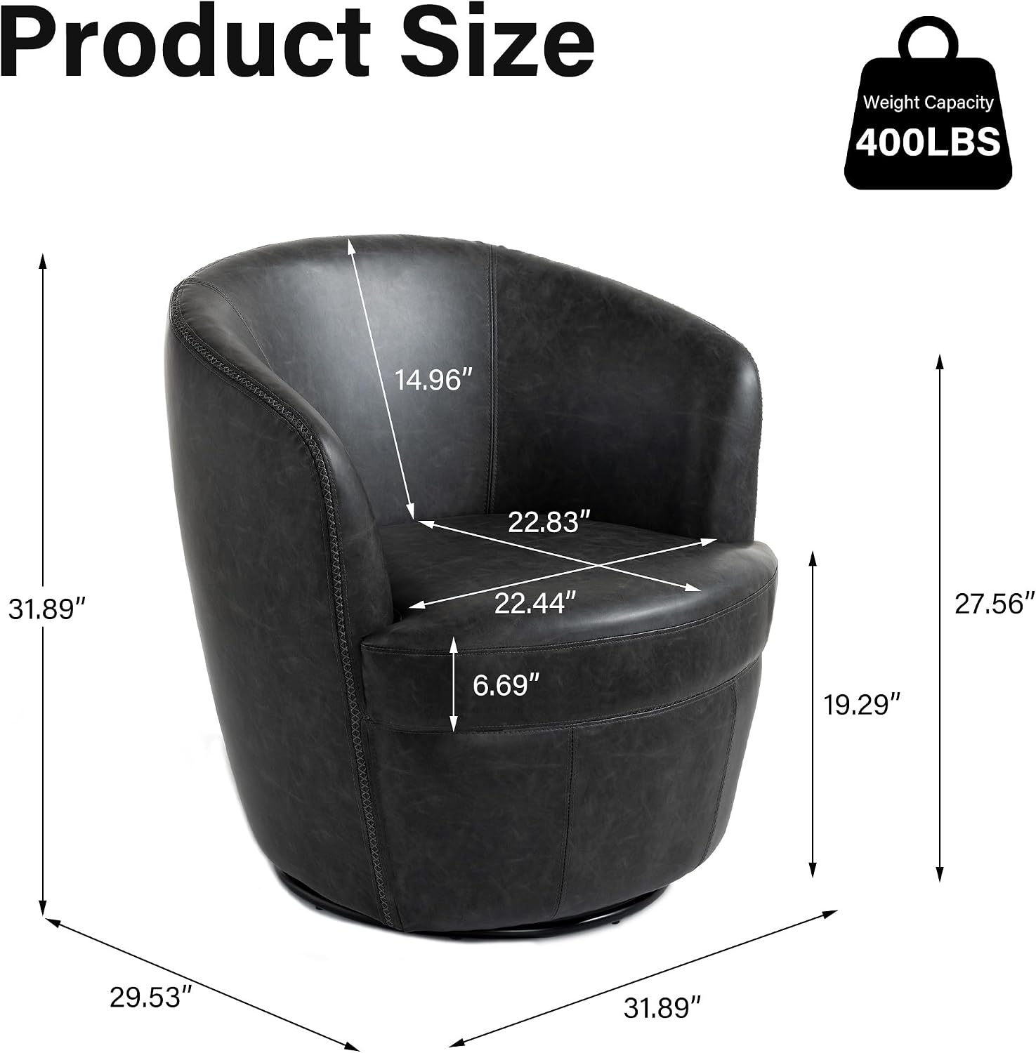 Silla giratoria de gran tamaño, cómodo sillón de lectura, negro, juego de 1 | Mid-Century Modern Round PU Leather Club Accent Chairs for Adults, Solid Wood Frame & Metal Base, For Living Room, Bedroom