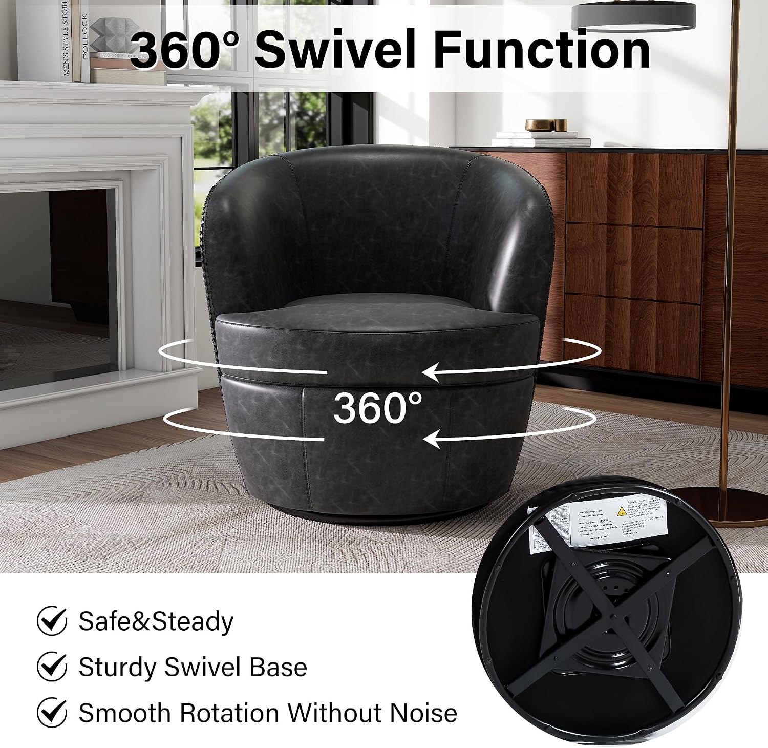 Silla giratoria de gran tamaño, cómodo sillón de lectura, negro, juego de 1 | Mid-Century Modern Round PU Leather Club Accent Chairs for Adults, Solid Wood Frame & Metal Base, For Living Room, Bedroom