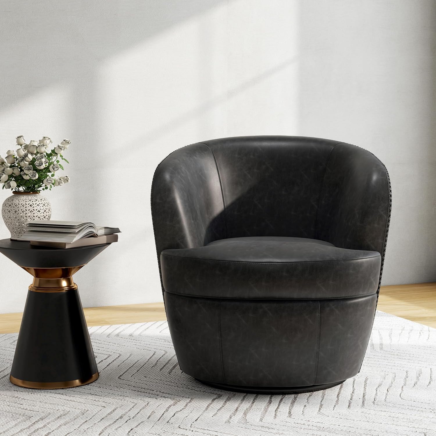 Silla giratoria de gran tamaño, cómodo sillón de lectura, negro, juego de 1 | Mid-Century Modern Round PU Leather Club Accent Chairs for Adults, Solid Wood Frame & Metal Base, For Living Room, Bedroom