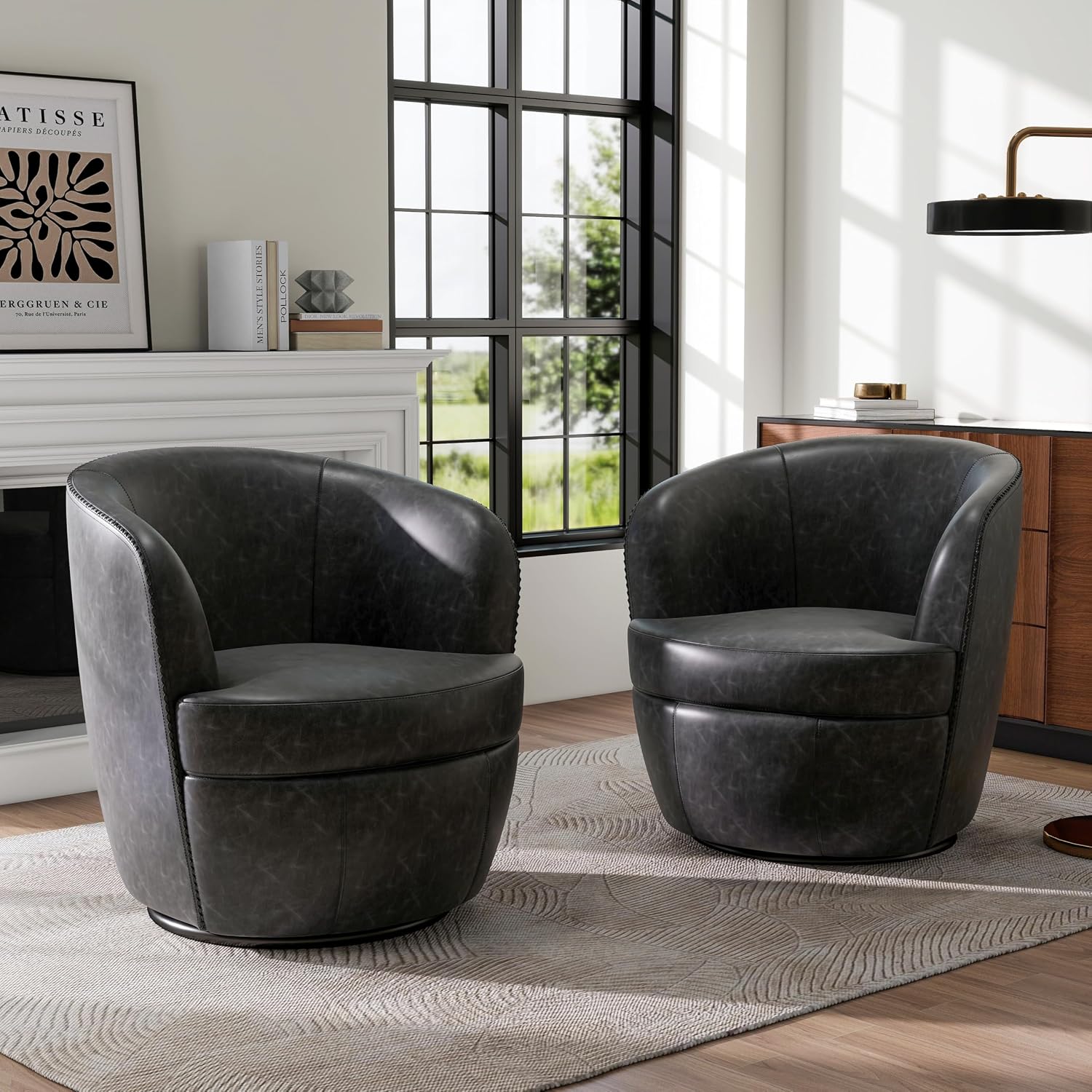 Silla giratoria de gran tamaño, cómodo sillón de lectura, negro, juego de 1 | Mid-Century Modern Round PU Leather Club Accent Chairs for Adults, Solid Wood Frame & Metal Base, For Living Room, Bedroom