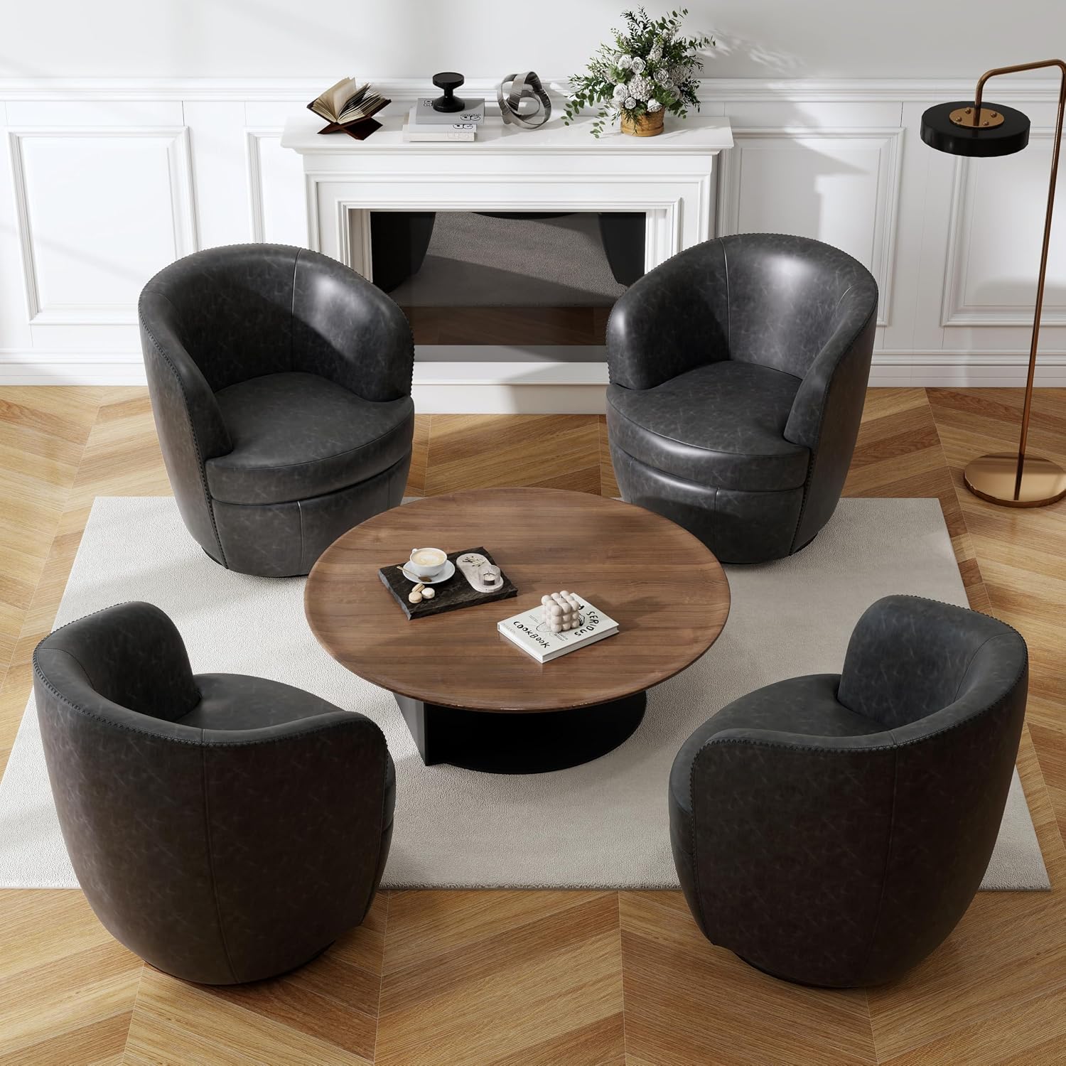 Silla giratoria de gran tamaño, cómodo sillón de lectura, negro, juego de 1 | Mid-Century Modern Round PU Leather Club Accent Chairs for Adults, Solid Wood Frame & Metal Base, For Living Room, Bedroom