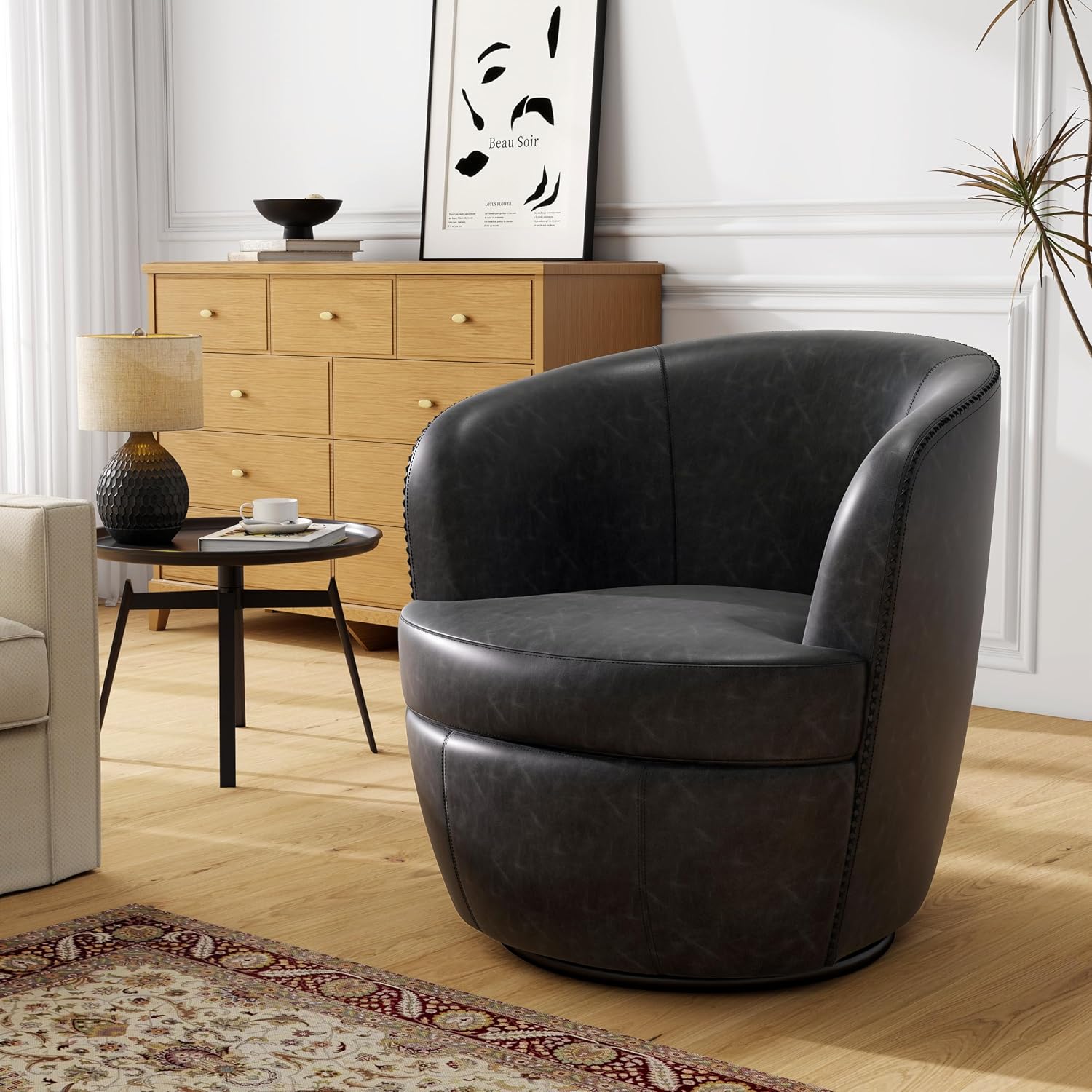 Silla giratoria de gran tamaño, cómodo sillón de lectura, negro, juego de 1 | Mid-Century Modern Round PU Leather Club Accent Chairs for Adults, Solid Wood Frame & Metal Base, For Living Room, Bedroom