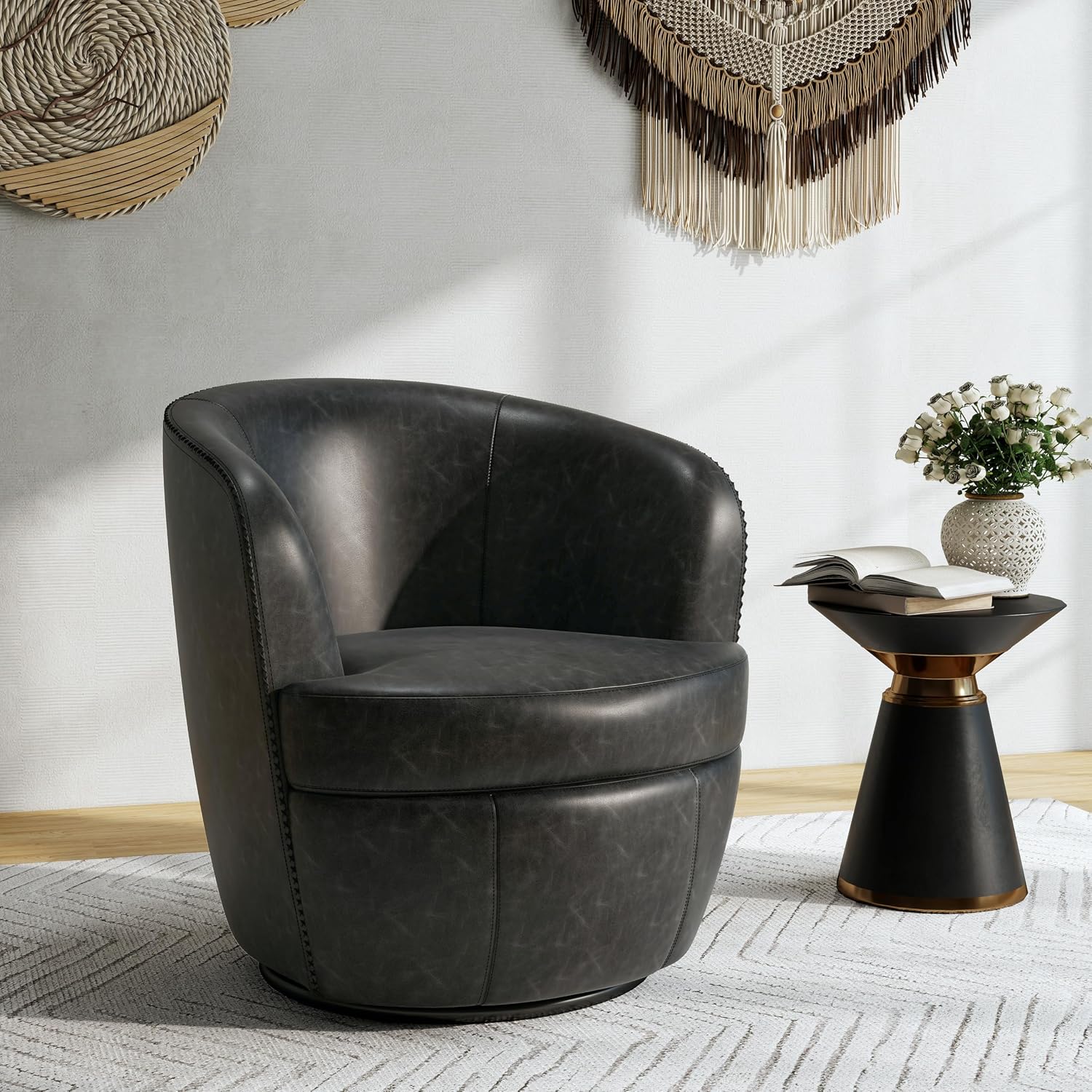 Silla giratoria de gran tamaño, cómodo sillón de lectura, negro, juego de 1 | Mid-Century Modern Round PU Leather Club Accent Chairs for Adults, Solid Wood Frame & Metal Base, For Living Room, Bedroom