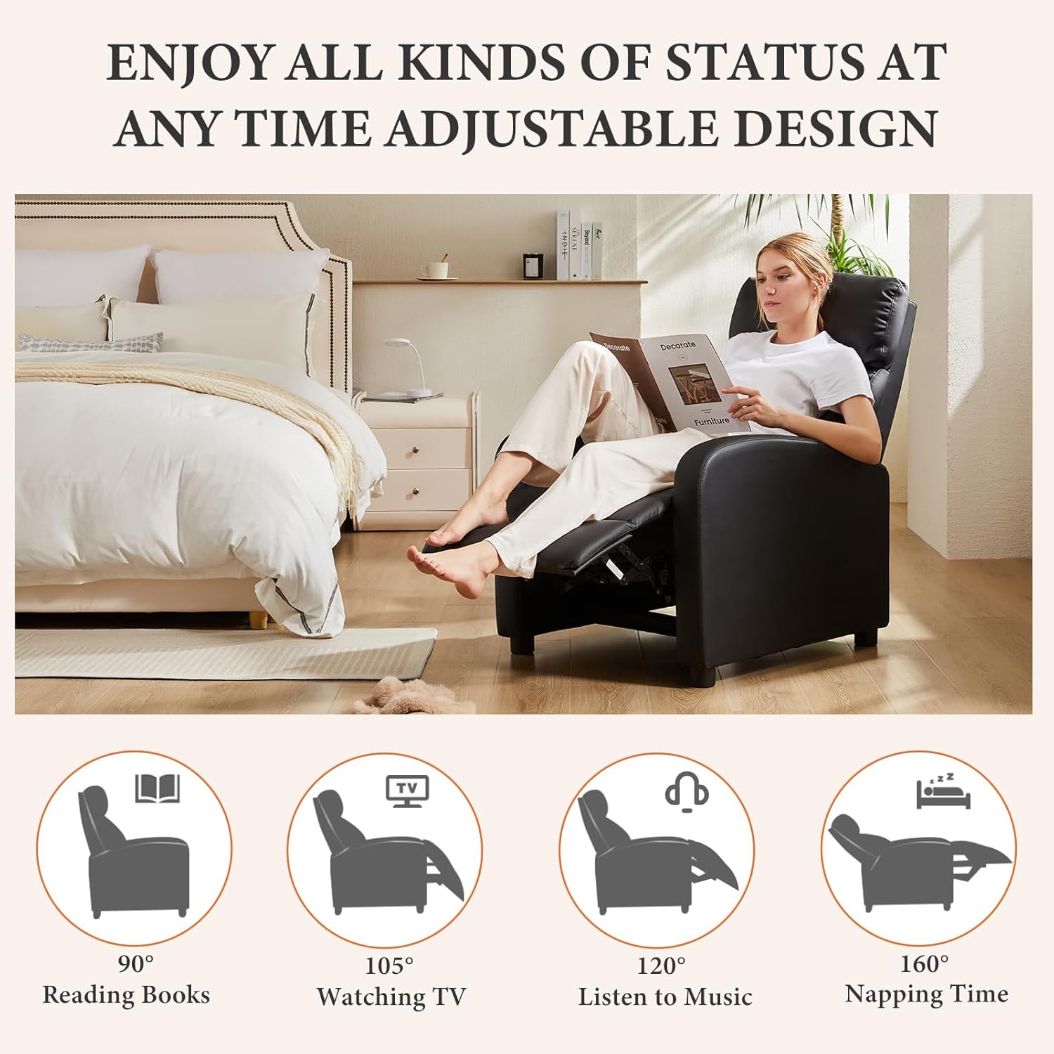 Sweetcrispy Silla reclinable de masaje para adultos, asiento de cine en casa ajustable con soporte lumbar para sala de estar, reclinable de tela moderna para espacios pequeños, color gris