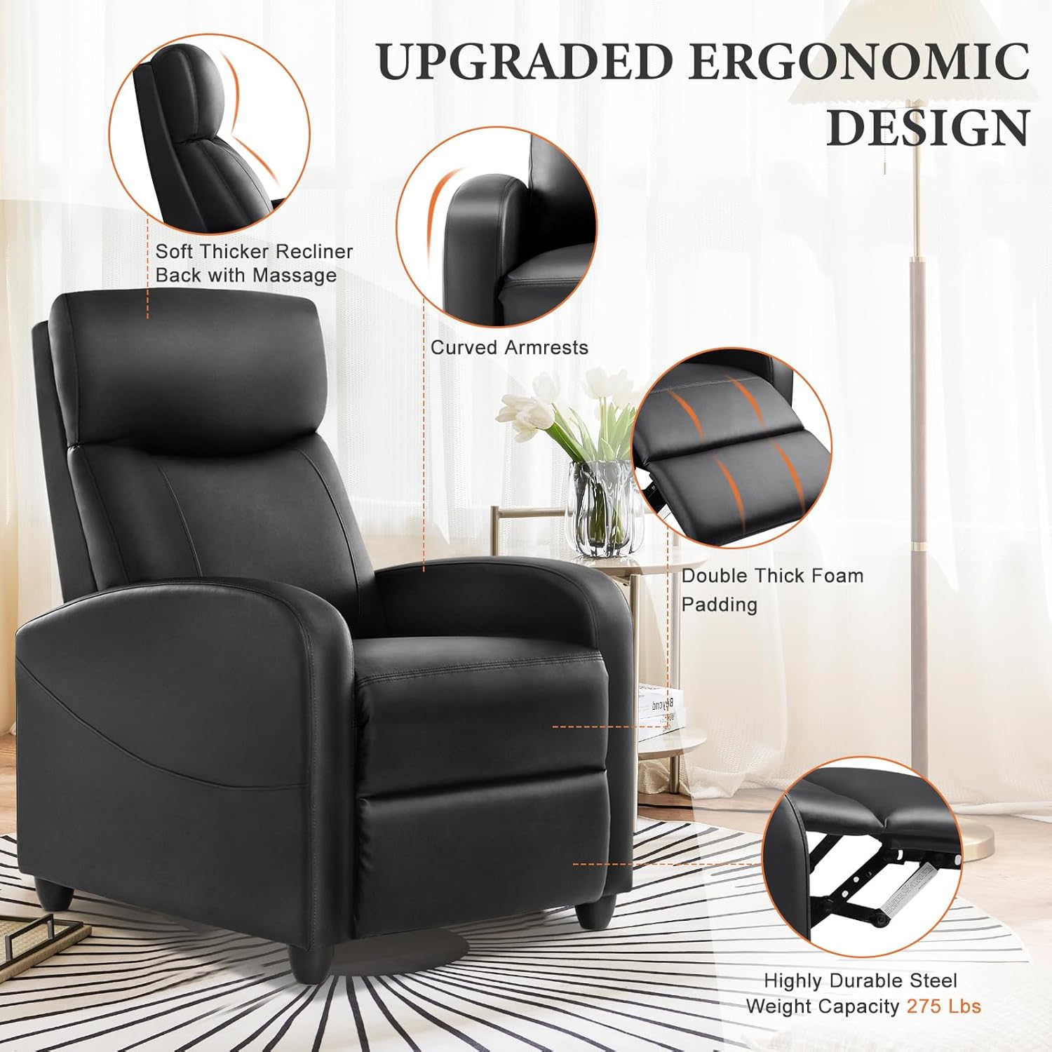 Sweetcrispy Silla reclinable de masaje para adultos, asiento de cine en casa ajustable con soporte lumbar para sala de estar, reclinable de tela moderna para espacios pequeños, color gris