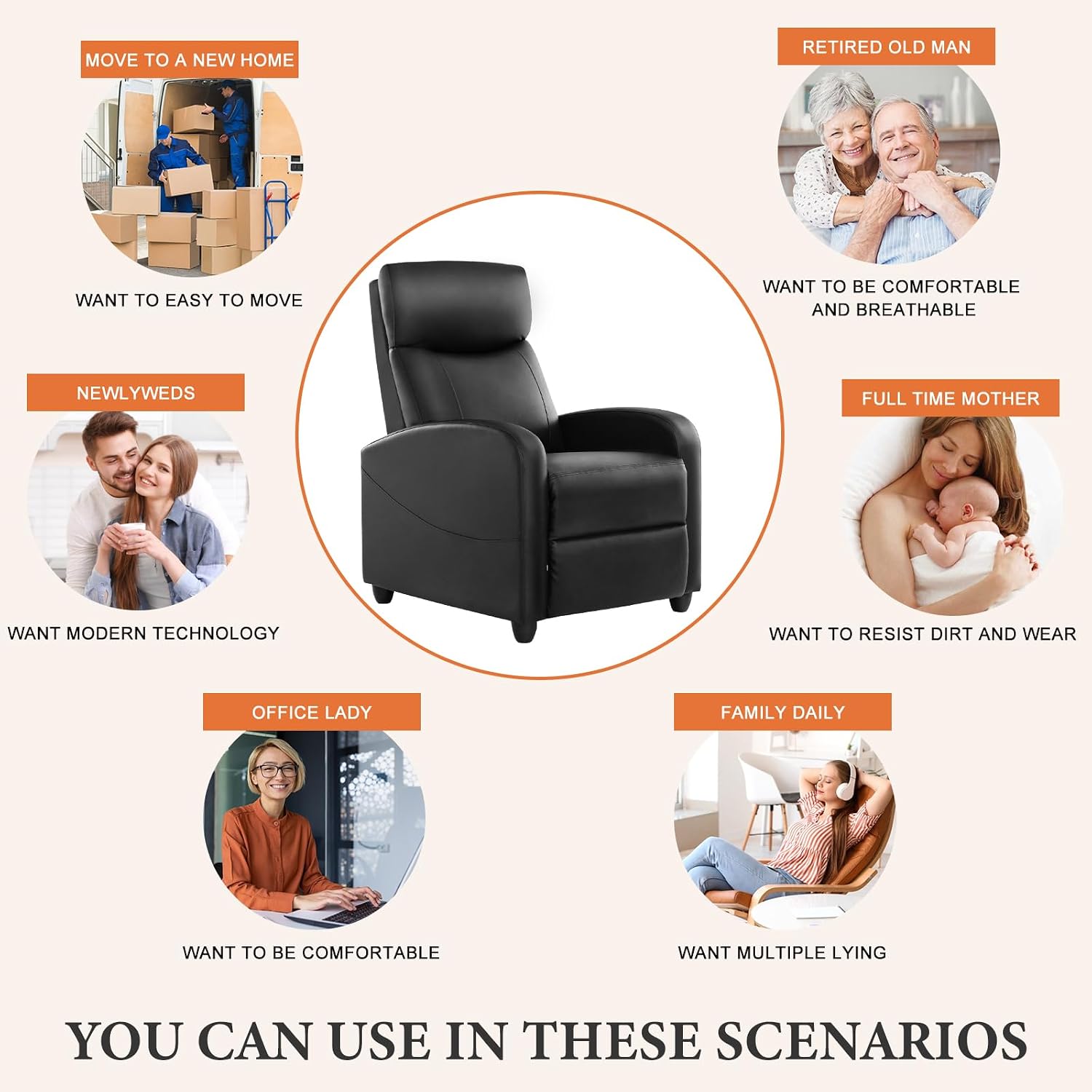 Sweetcrispy Silla reclinable de masaje para adultos, asiento de cine en casa ajustable con soporte lumbar para sala de estar, reclinable de tela moderna para espacios pequeños, color gris