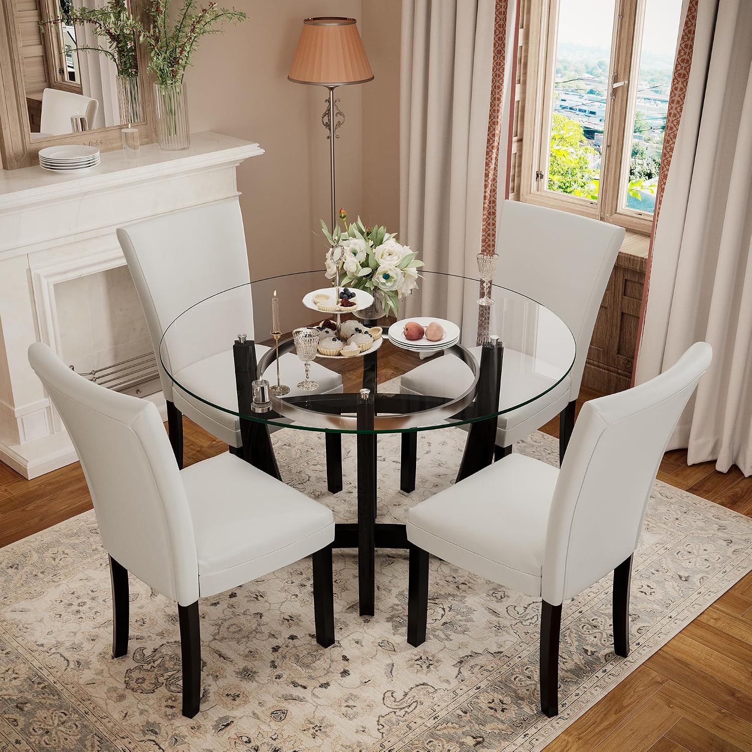 Juego de mesa de comedor de cristal para 4, mesa de 45 pulgadas de profundidad + 4 sillas de poliuretano color marfil.