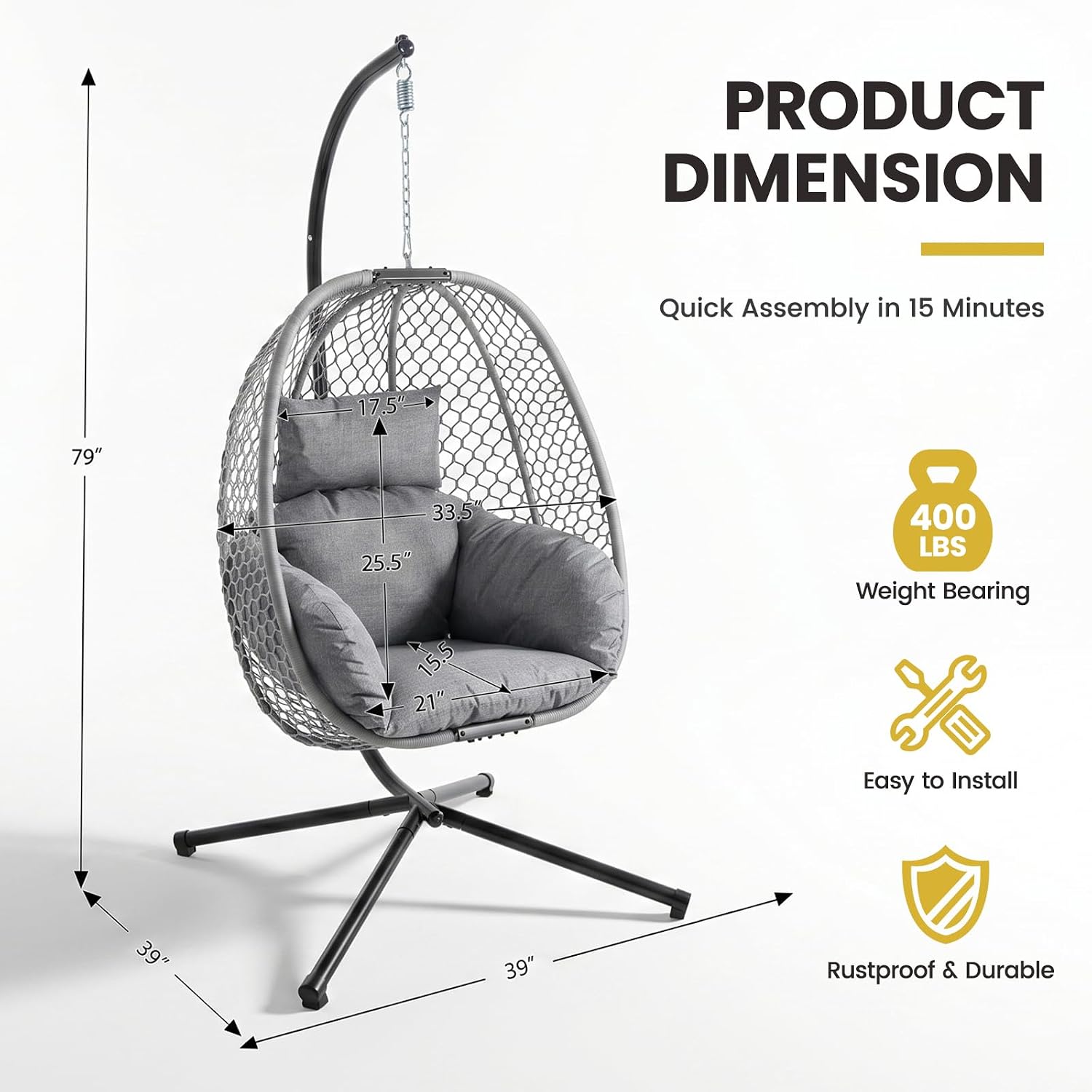 Silla de huevo para exteriores con soporte, silla colgante de huevo para patio trasero, balcón, porche, mecedora de mimbre con capacidad de 400 libras, color gris claro