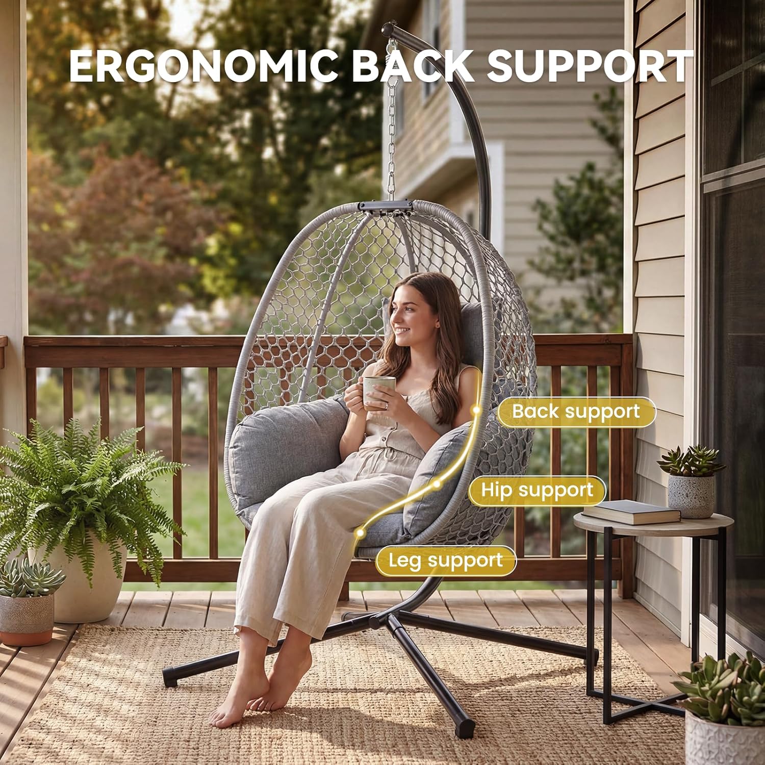 Silla de huevo para exteriores con soporte, silla colgante de huevo para patio trasero, balcón, porche, mecedora de mimbre con capacidad de 400 libras, color gris claro