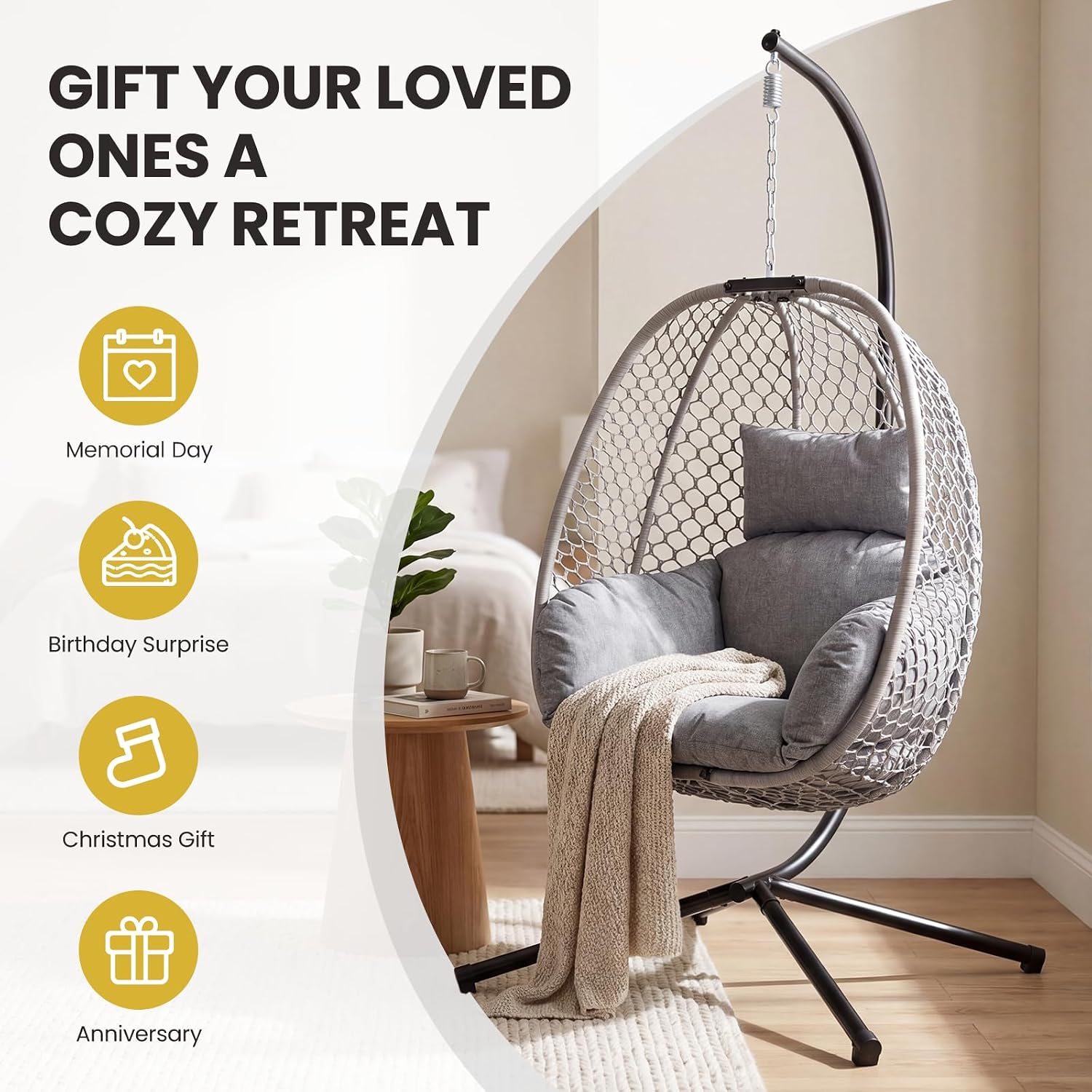 Silla de huevo para exteriores con soporte, silla colgante de huevo para patio trasero, balcón, porche, mecedora de mimbre con capacidad de 400 libras, color gris claro