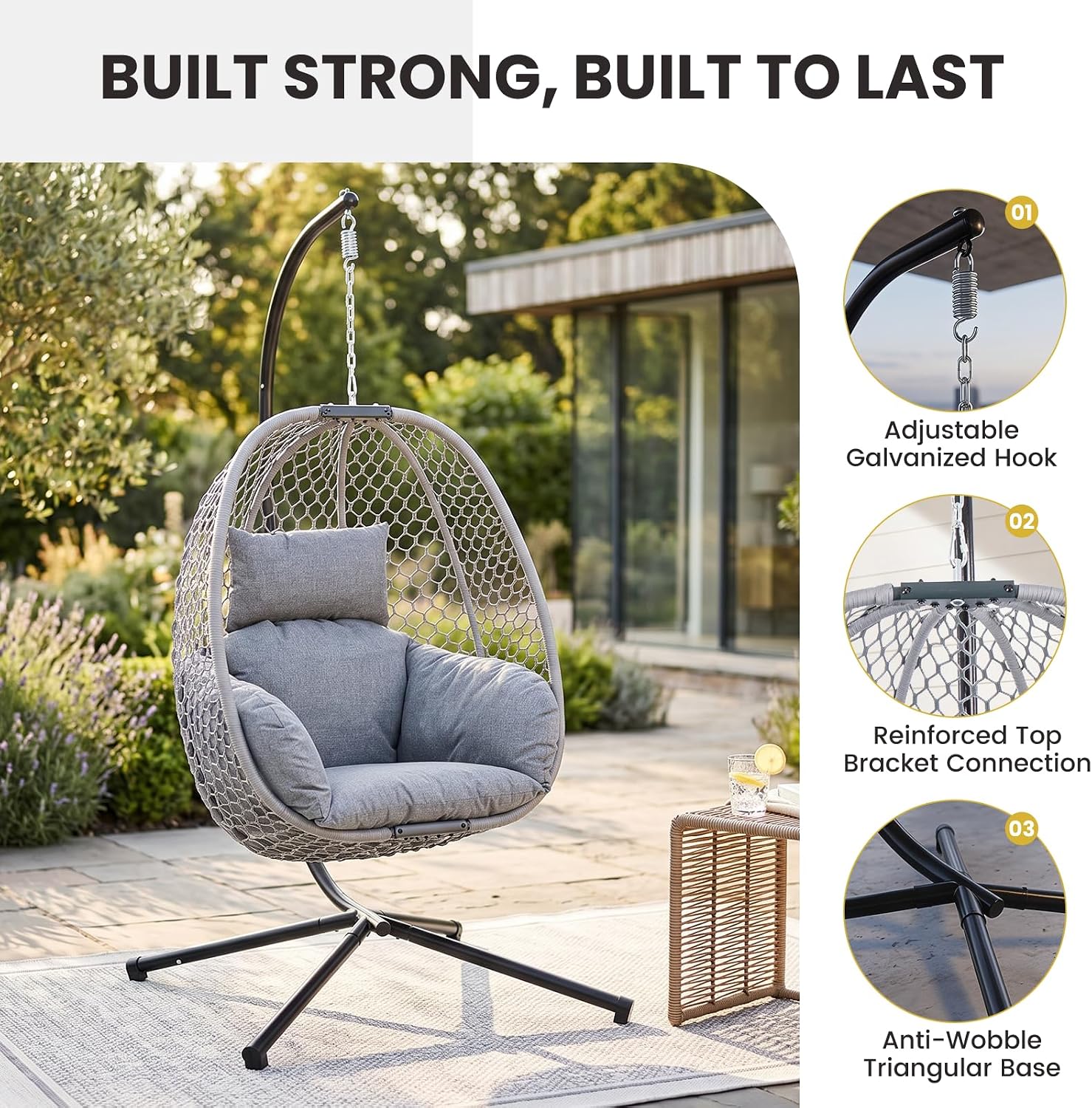 Silla de huevo para exteriores con soporte, silla colgante de huevo para patio trasero, balcón, porche, mecedora de mimbre con capacidad de 400 libras, color gris claro