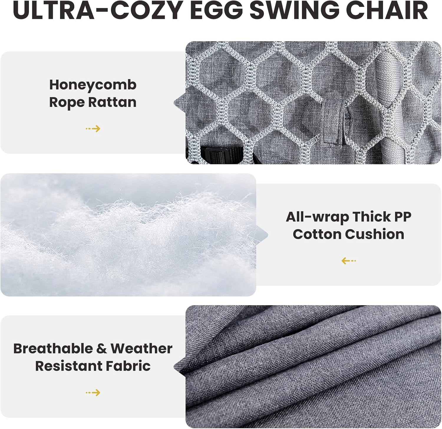 Silla de huevo para exteriores con soporte, silla colgante de huevo para patio trasero, balcón, porche, mecedora de mimbre con capacidad de 400 libras, color gris claro