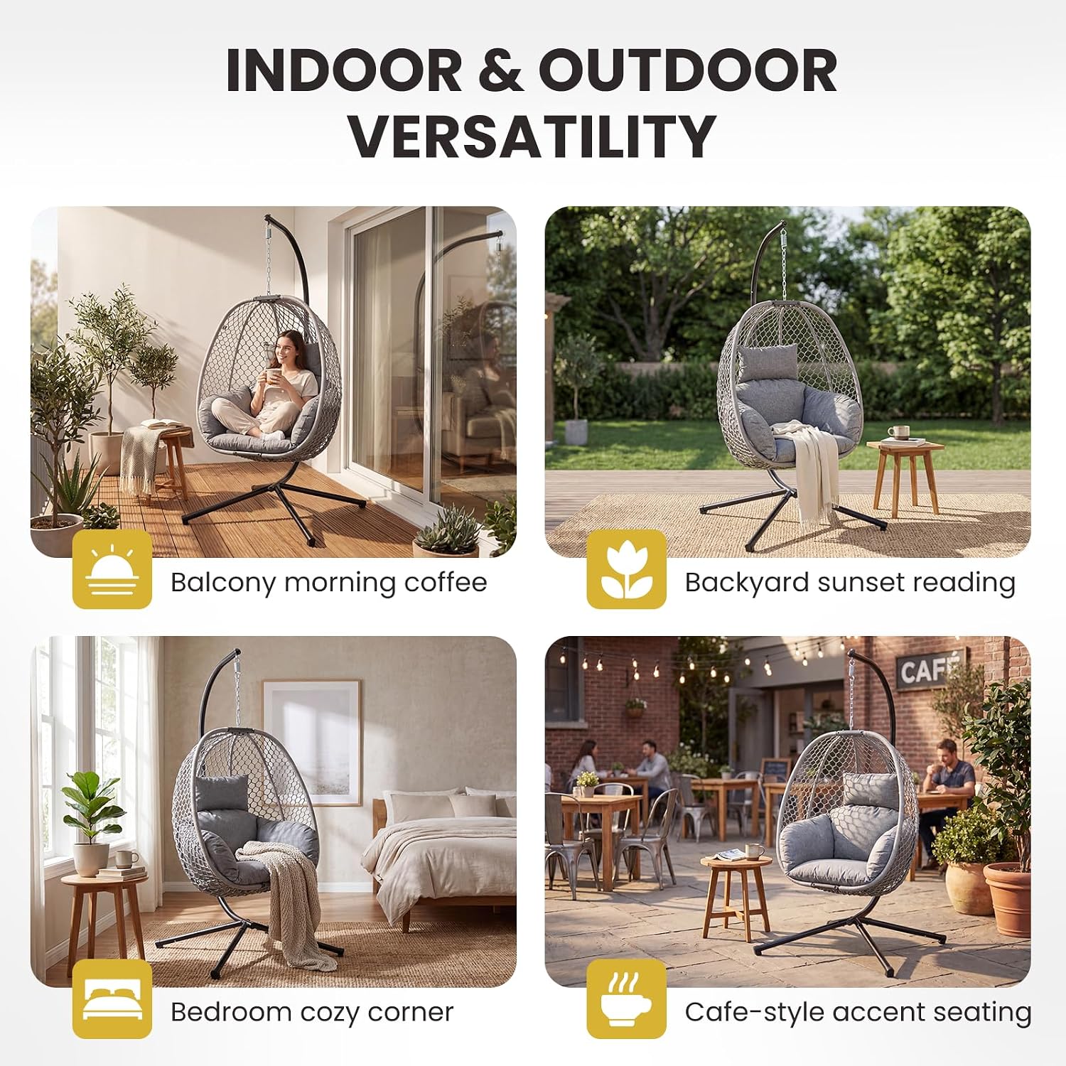 Silla de huevo para exteriores con soporte, silla colgante de huevo para patio trasero, balcón, porche, mecedora de mimbre con capacidad de 400 libras, color gris claro
