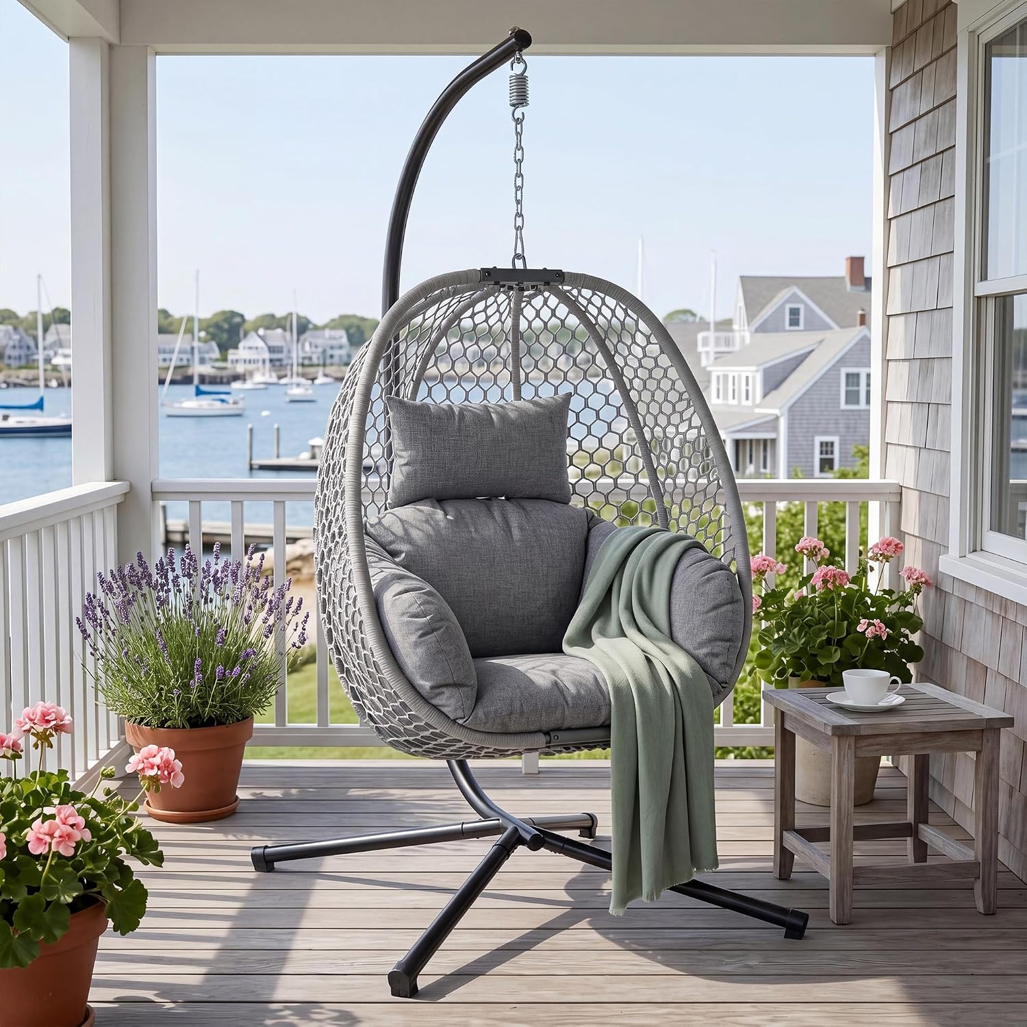 Silla de huevo para exteriores con soporte, silla colgante de huevo para patio trasero, balcón, porche, mecedora de mimbre con capacidad de 400 libras, color gris claro