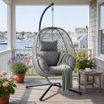 Silla de huevo para exteriores con soporte, silla colgante de huevo para patio trasero, balcón, porche, mecedora de mimbre con capacidad de 400 libras, color gris claro
