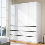 Armario de Dormitorio con 6 Cajones: Armario Blanco con 4 Puertas, Gabinete Moderno para Ropa con Estantes, Armario de Madera para Colgar Ropa (Moderno, 2) | Armario de dormitorio con 4 puertas, armario moderno para ropa con estantes, armario de madera pa