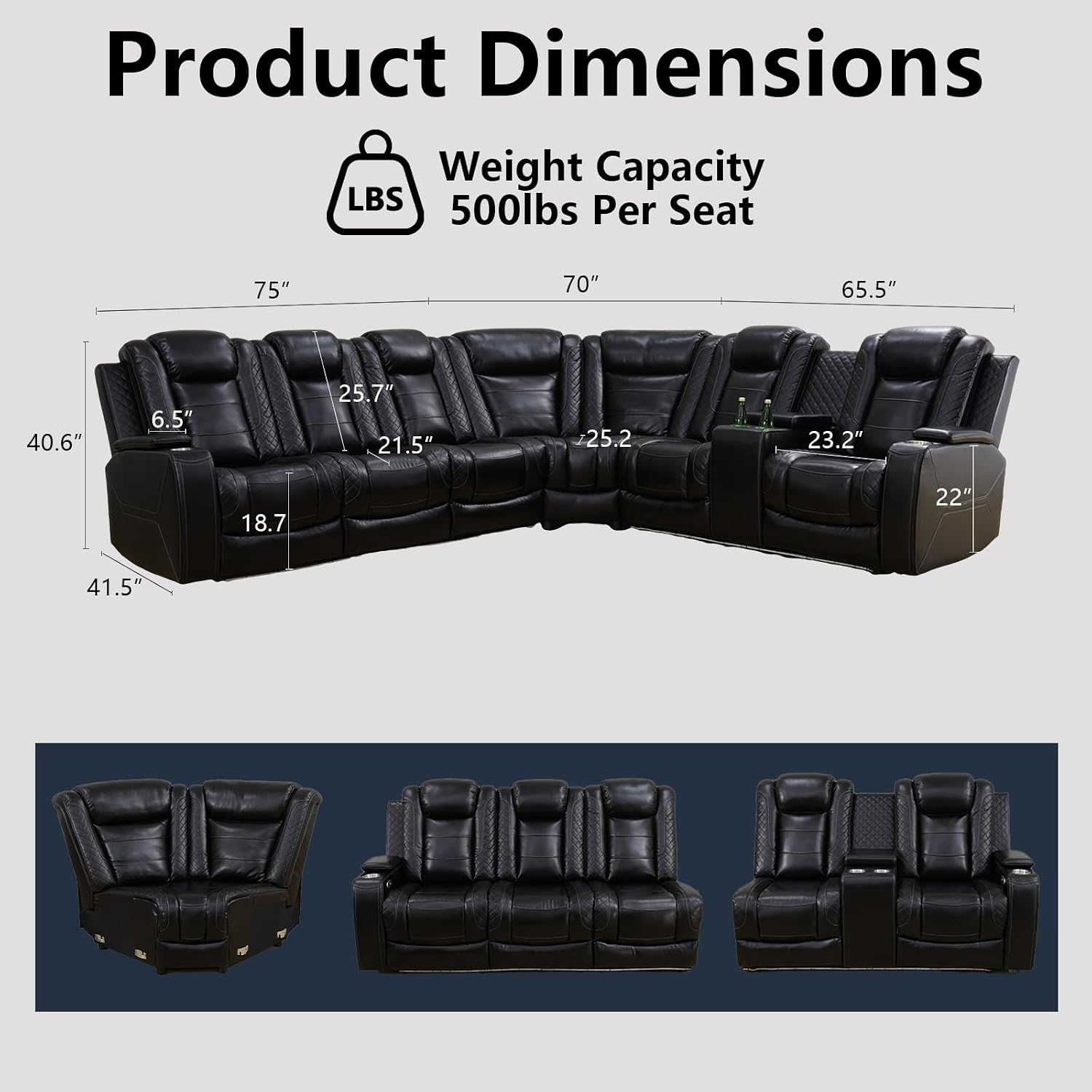 Juego de sofá modular eléctrico con USB, LED y almacenamiento, sofá reclinable de cuero negro con portavasos y mesa abatible, moderno juego de muebles de sala de estar para comodidad de cine en casa