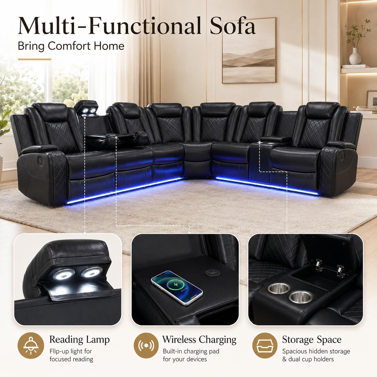 Juego de sofá modular eléctrico con USB, LED y almacenamiento, sofá reclinable de cuero negro con portavasos y mesa abatible, moderno juego de muebles de sala de estar para comodidad de cine en casa
