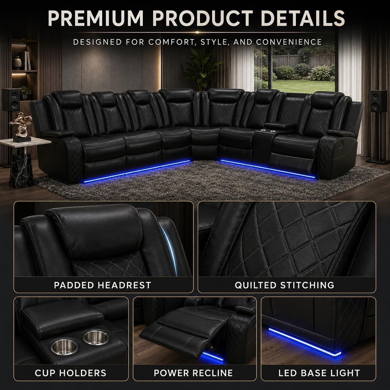 Juego de sofá modular eléctrico con USB, LED y almacenamiento, sofá reclinable de cuero negro con portavasos y mesa abatible, moderno juego de muebles de sala de estar para comodidad de cine en casa