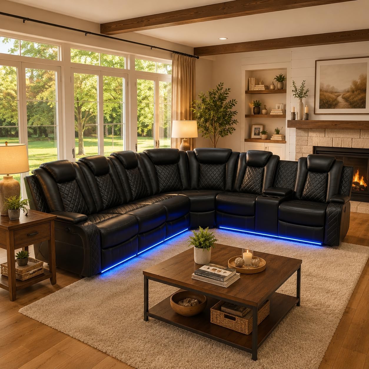 Juego de sofá modular eléctrico con USB, LED y almacenamiento, sofá reclinable de cuero negro con portavasos y mesa abatible, moderno juego de muebles de sala de estar para comodidad de cine en casa
