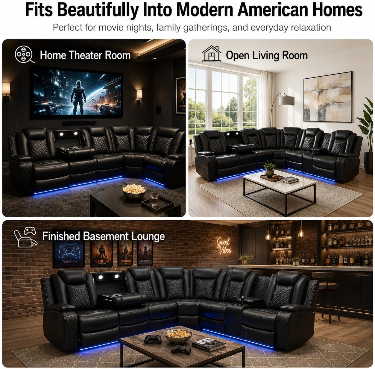 Juego de sofá modular eléctrico con USB, LED y almacenamiento, sofá reclinable de cuero negro con portavasos y mesa abatible, moderno juego de muebles de sala de estar para comodidad de cine en casa