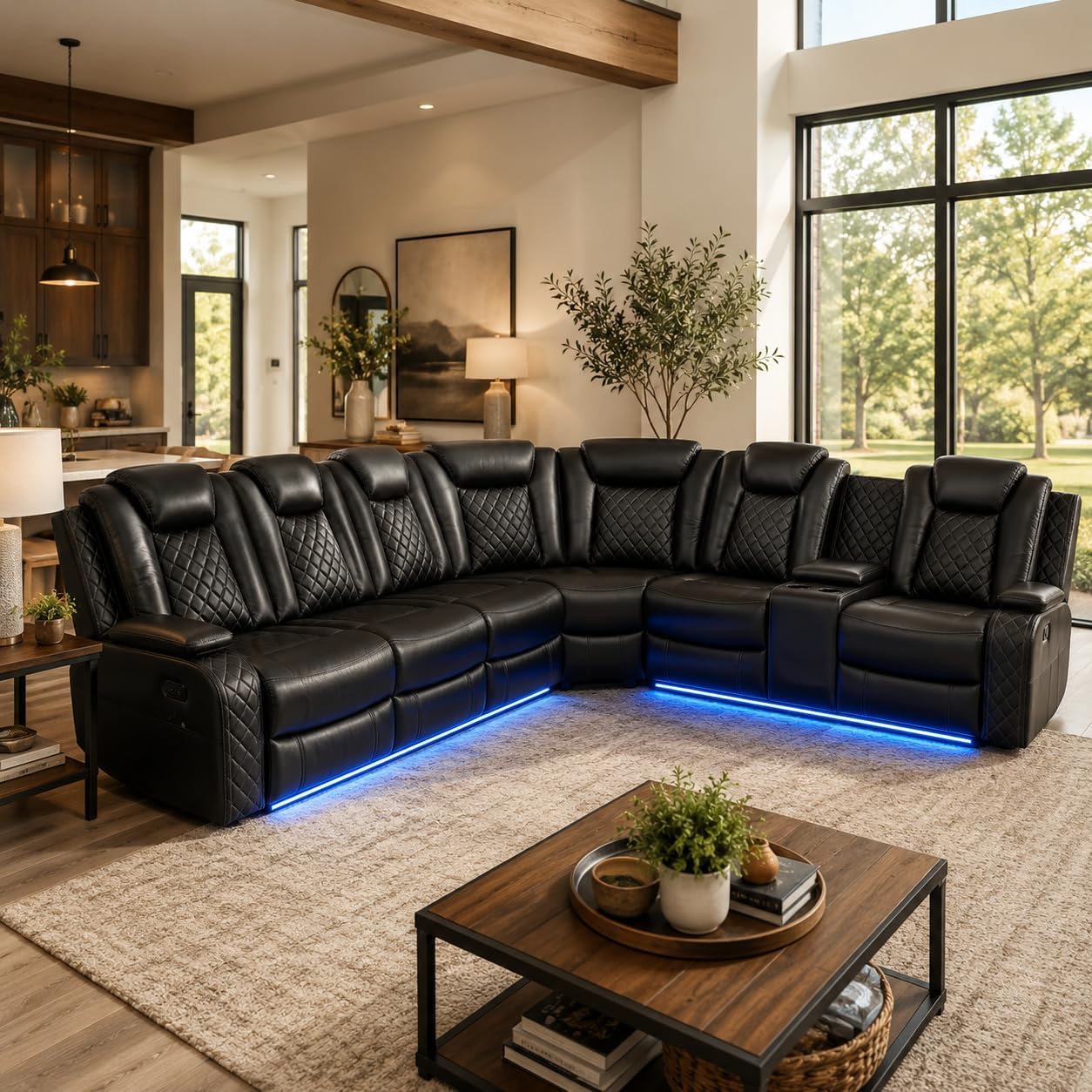Juego de sofá modular eléctrico con USB, LED y almacenamiento, sofá reclinable de cuero negro con portavasos y mesa abatible, moderno juego de muebles de sala de estar para comodidad de cine en casa