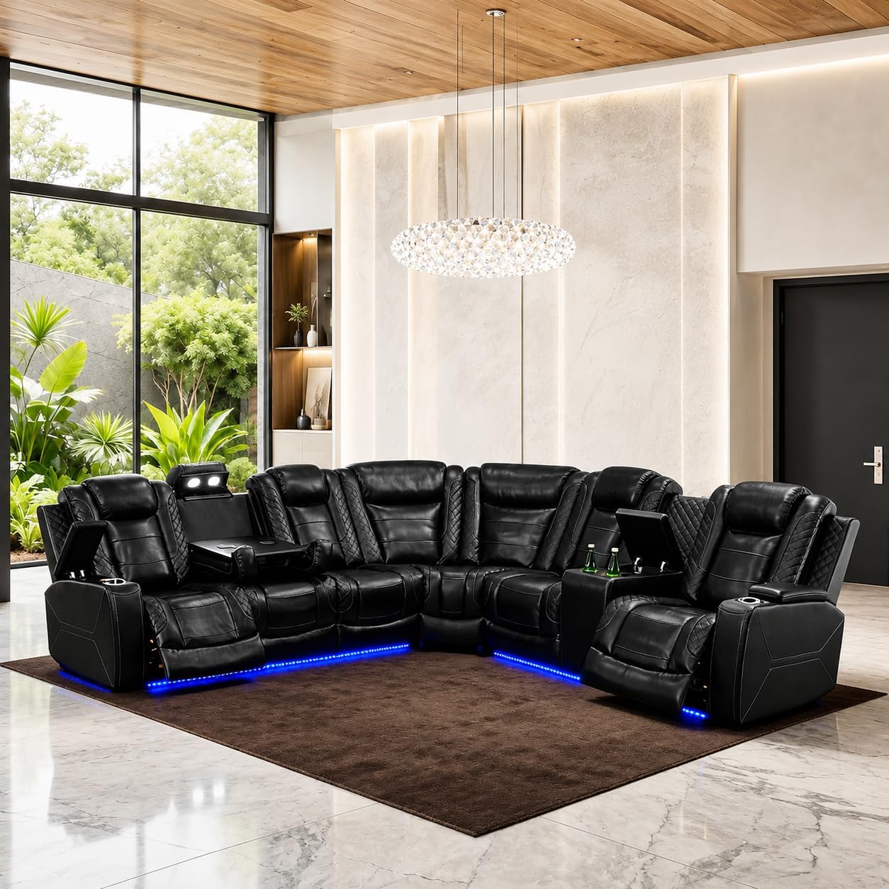 Juego de sofá modular eléctrico con USB, LED y almacenamiento, sofá reclinable de cuero negro con portavasos y mesa abatible, moderno juego de muebles de sala de estar para comodidad de cine en casa