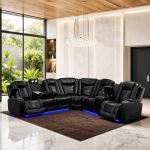 Juego de sofá modular eléctrico con USB, LED y almacenamiento, sofá reclinable de cuero negro con portavasos y mesa abatible, moderno juego de muebles de sala de estar para comodidad de cine en casa